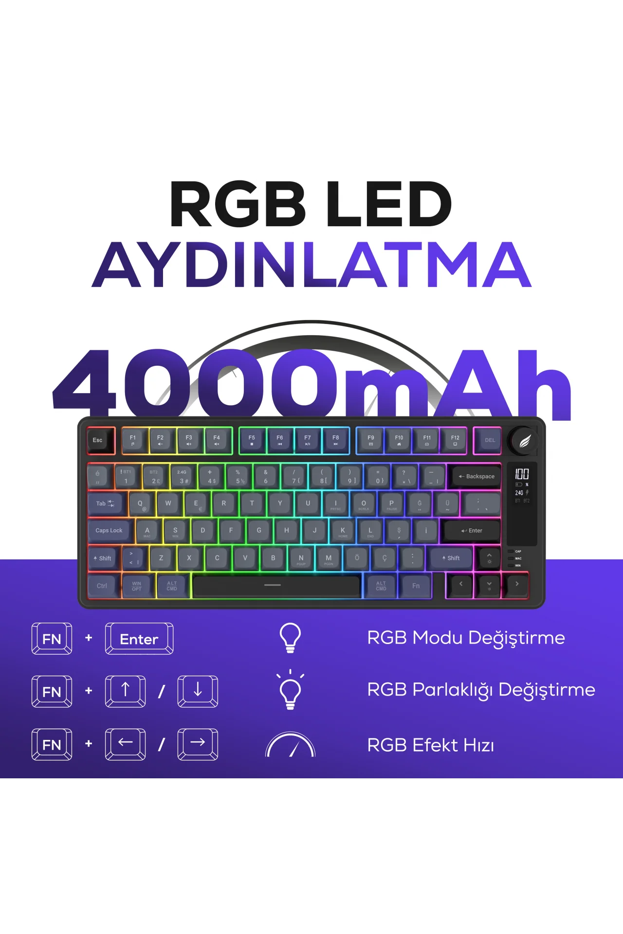 HK255 Membrane LCD RGB Kablosuz/Bluetooth Gri Mor %75 Türkçe Gaming Oyuncu Klavye