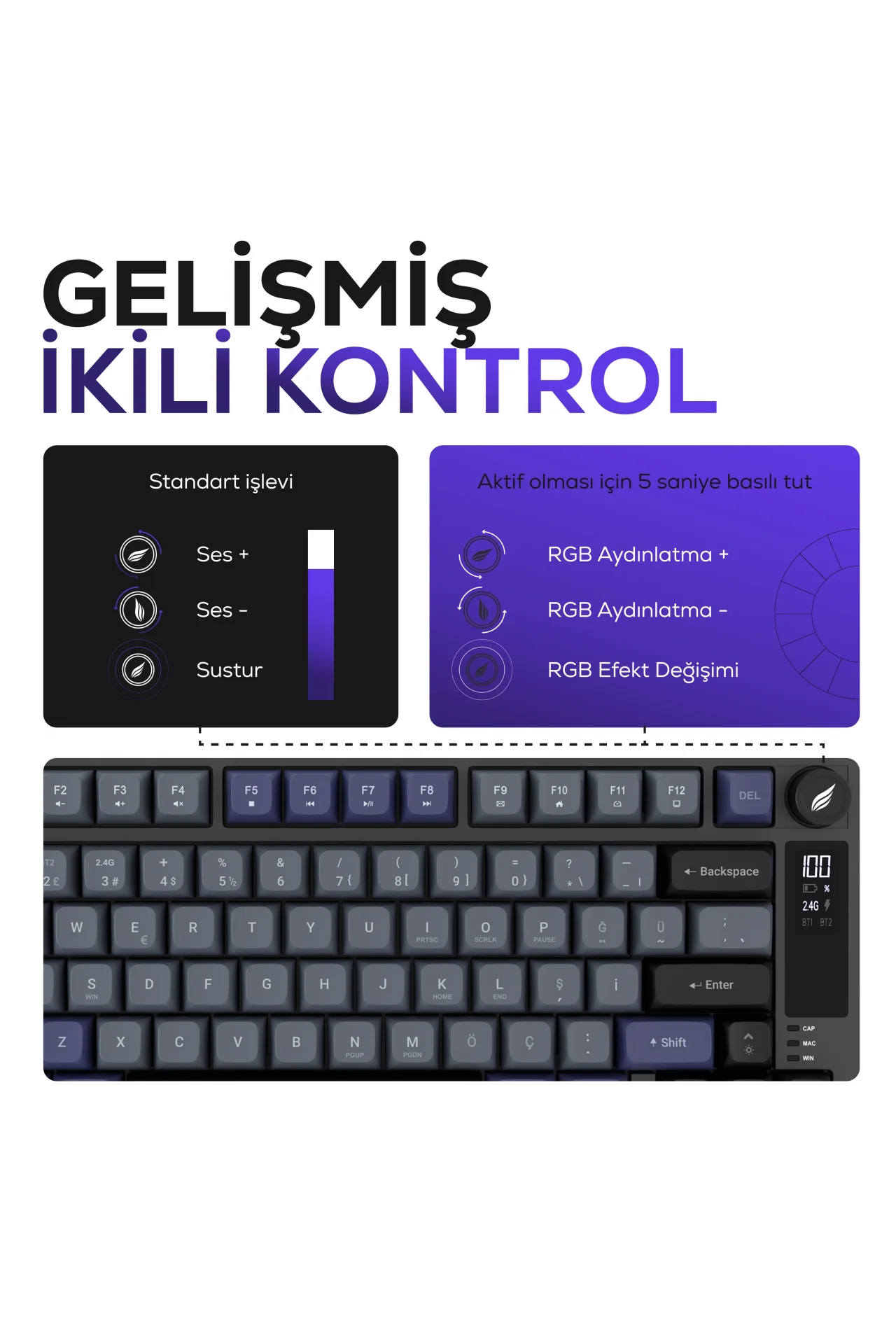 HK255 Membrane LCD RGB Kablosuz/Bluetooth Gri Mor %75 Türkçe Gaming Oyuncu Klavye