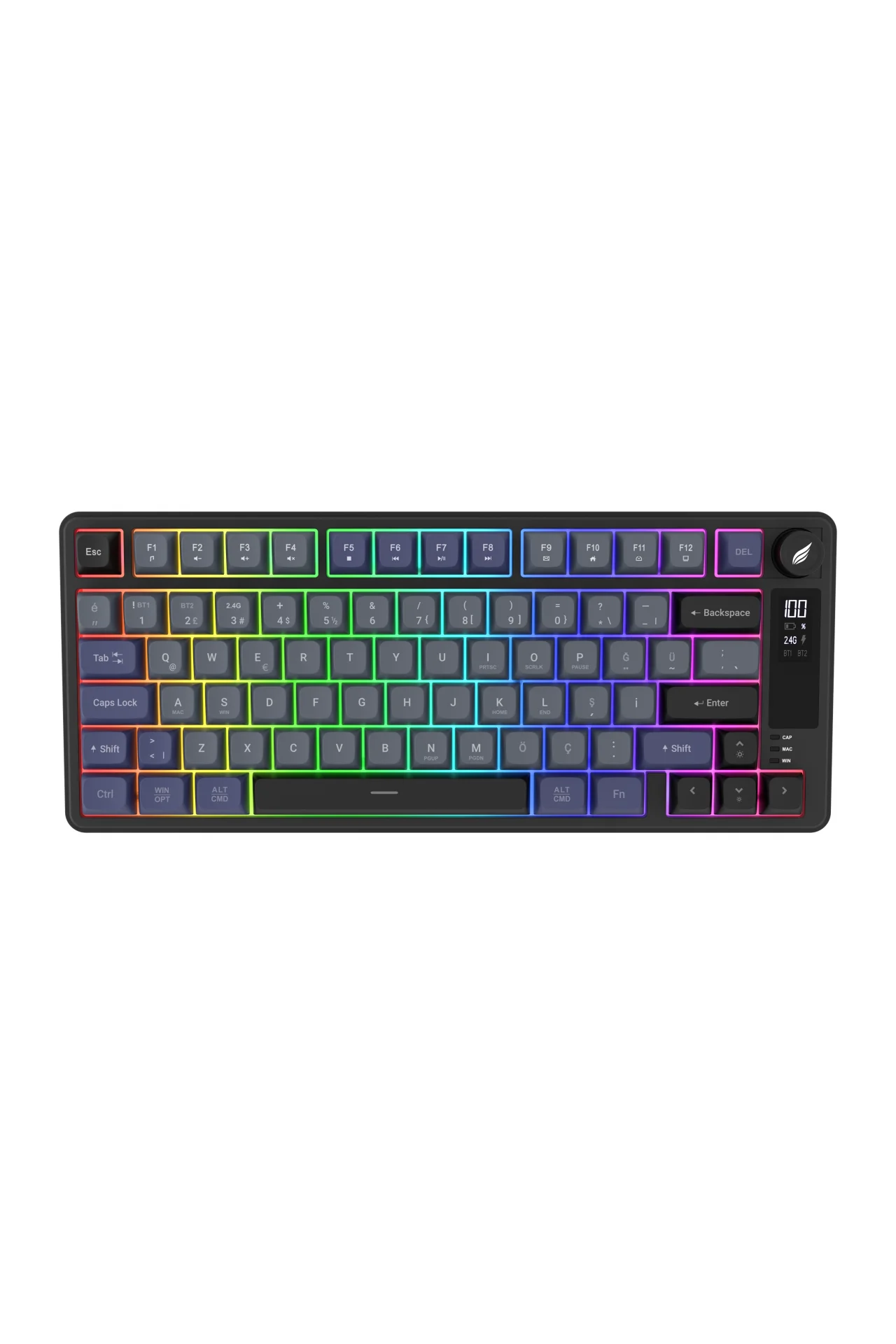 HK255 Membrane LCD RGB Kablosuz/Bluetooth Gri Mor %75 Türkçe Gaming Oyuncu Klavye