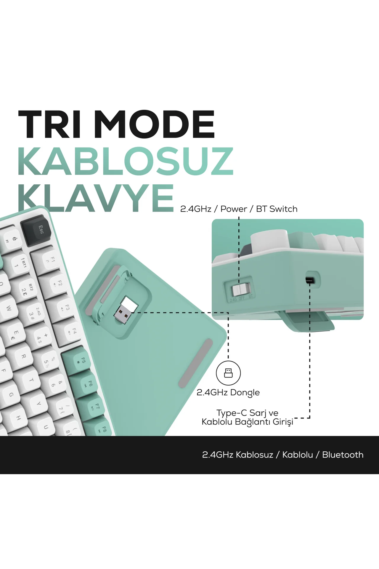 HK255 Membrane LCD RGB Kablosuz/Bluetooth Gri Yeşil %75 Türkçe Gaming Oyuncu Klavye