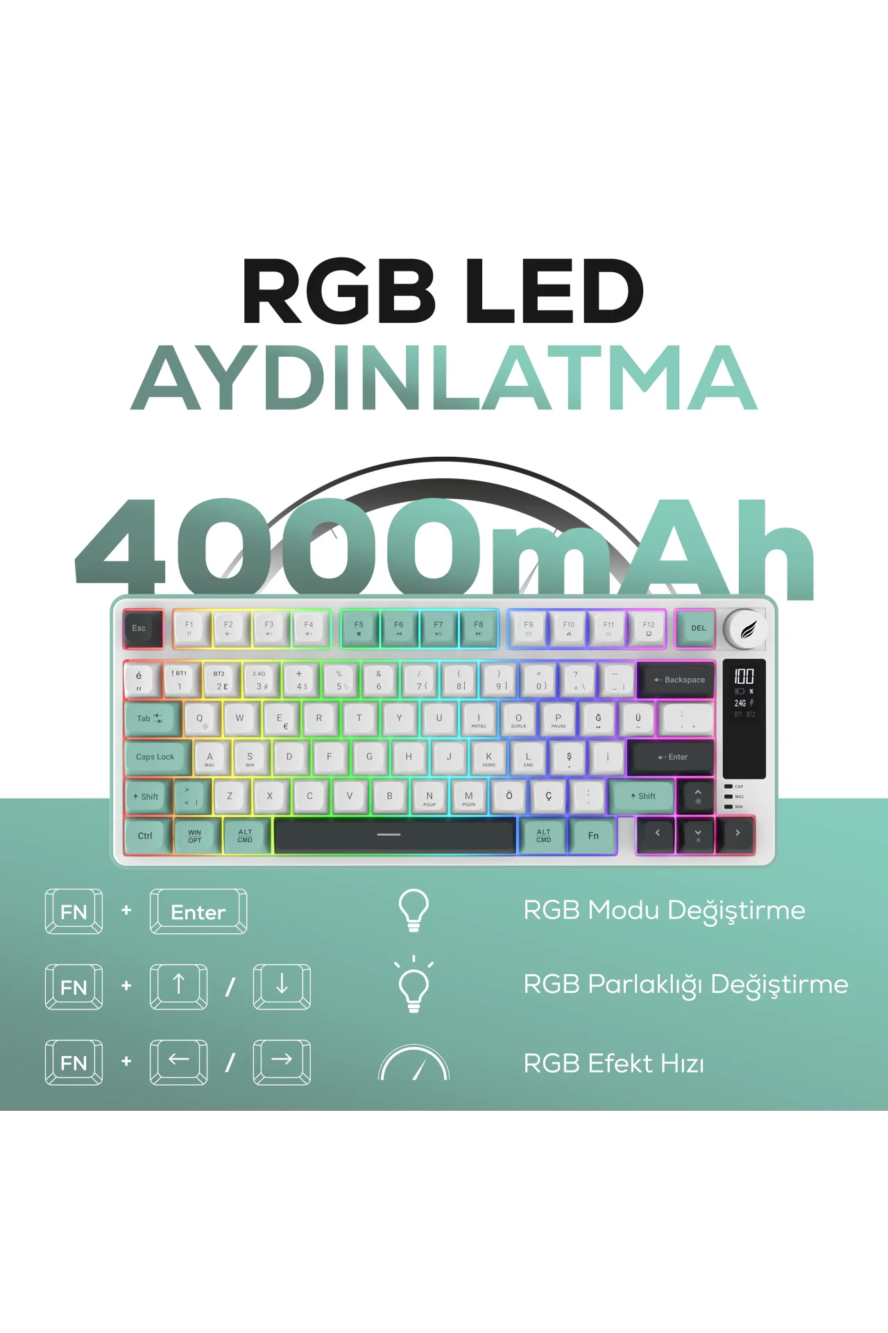 HK255 Membrane LCD RGB Kablosuz/Bluetooth Gri Yeşil %75 Türkçe Gaming Oyuncu Klavye