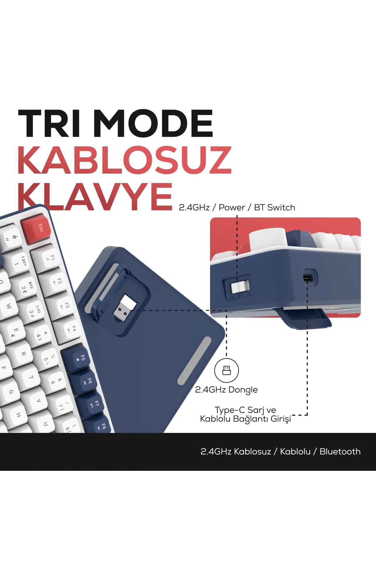 HK255 Membrane LCD RGB Kablosuz/Bluetooth Mavi Kırmızı %75 Türkçe Gaming Oyuncu Klavye