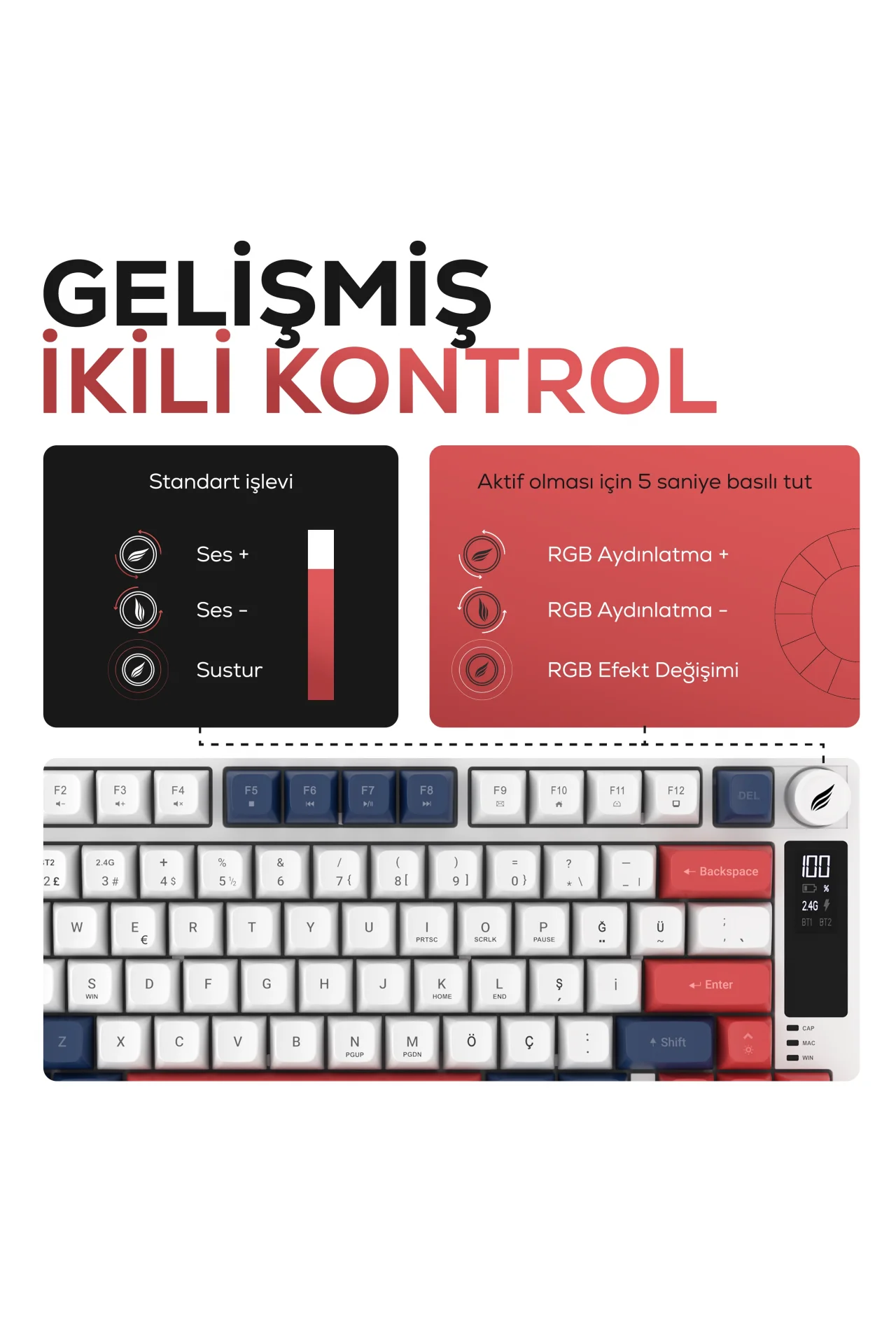 HK255 Membrane LCD RGB Kablosuz/Bluetooth Mavi Kırmızı %75 Türkçe Gaming Oyuncu Klavye