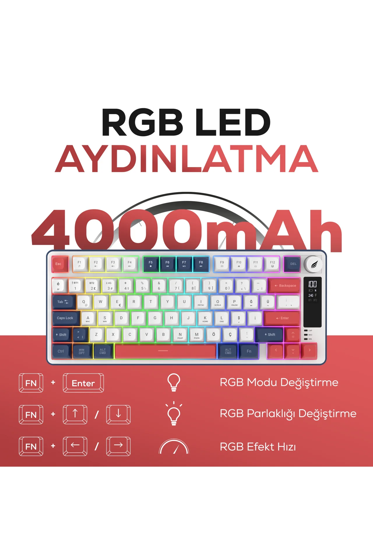 HK255 Membrane LCD RGB Kablosuz/Bluetooth Mavi Kırmızı %75 Türkçe Gaming Oyuncu Klavye