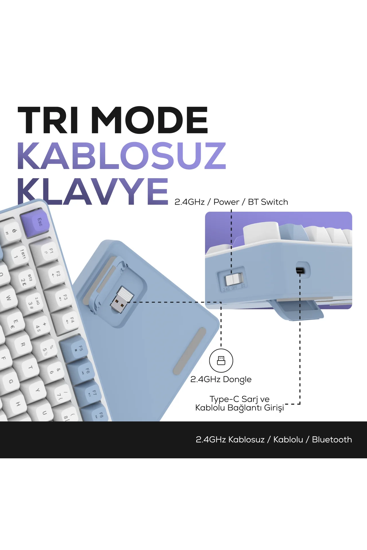 HK255 Membrane LCD RGB Kablosuz/Bluetooth Mavi Mor %75 Türkçe Gaming Oyuncu Klavye