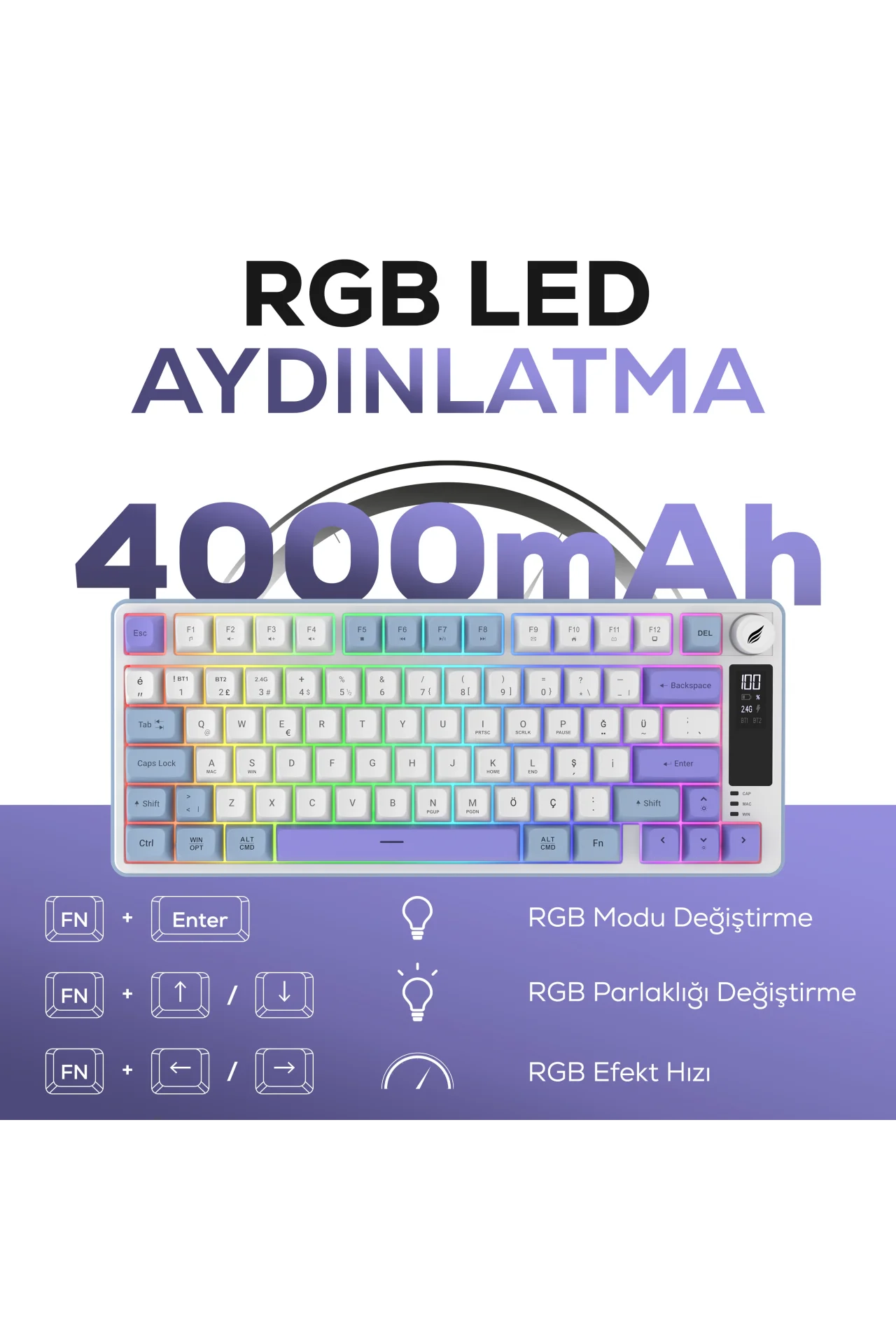 HK255 Membrane LCD RGB Kablosuz/Bluetooth Mavi Mor %75 Türkçe Gaming Oyuncu Klavye