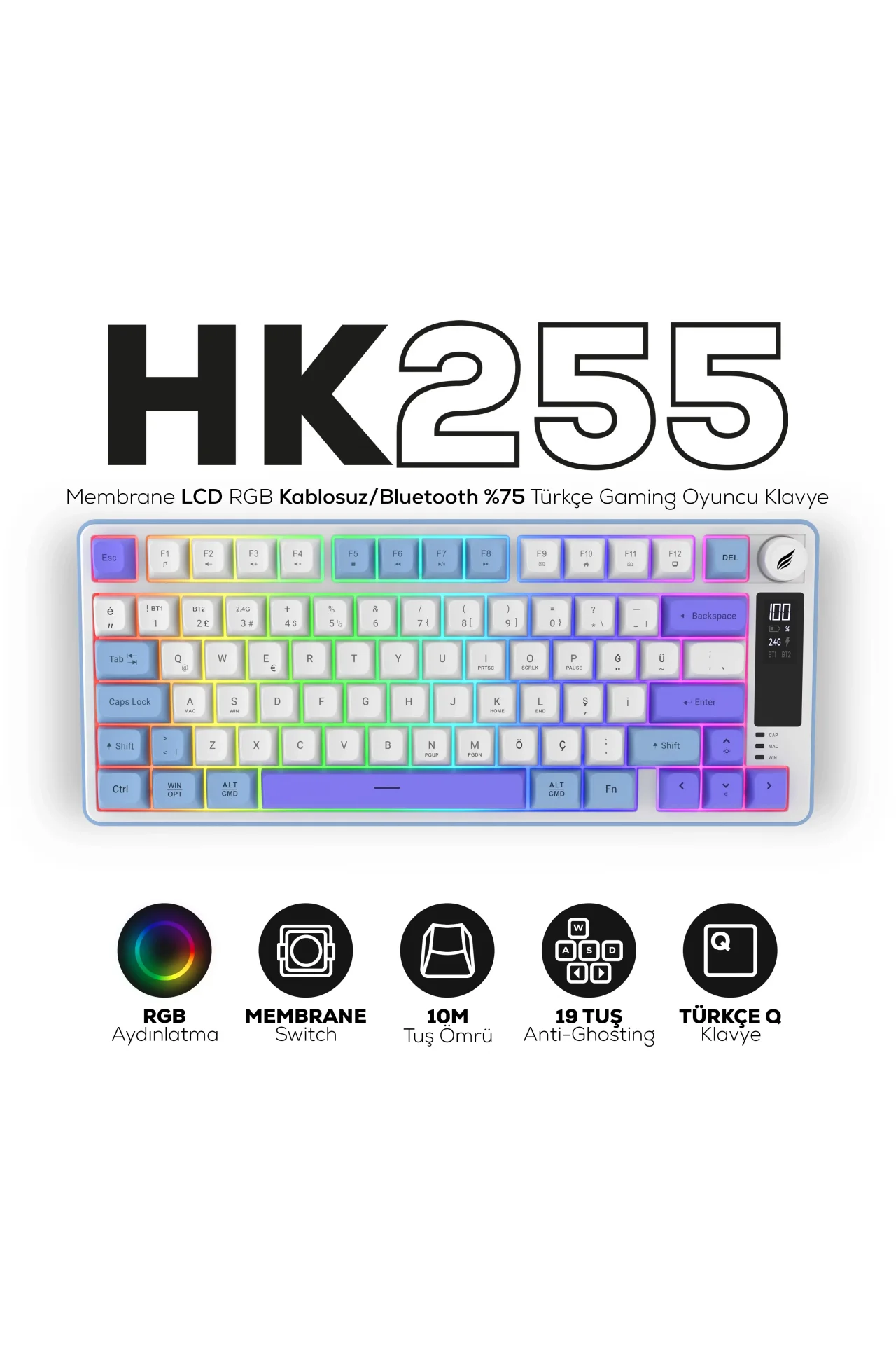HK255 Membrane LCD RGB Kablosuz/Bluetooth Mavi Mor %75 Türkçe Gaming Oyuncu Klavye