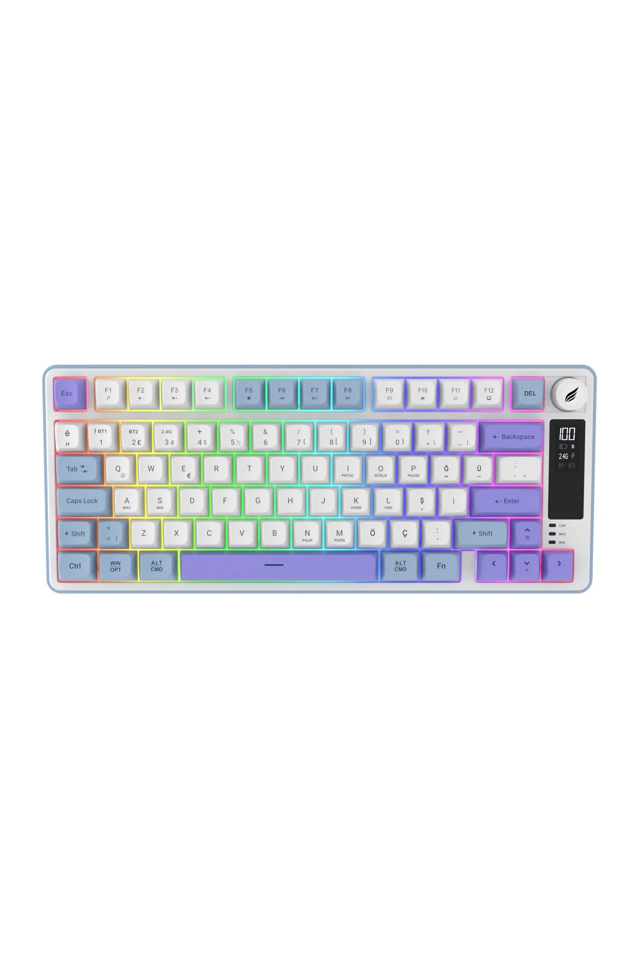 HK255 Membrane LCD RGB Kablosuz/Bluetooth Mavi Mor %75 Türkçe Gaming Oyuncu Klavye