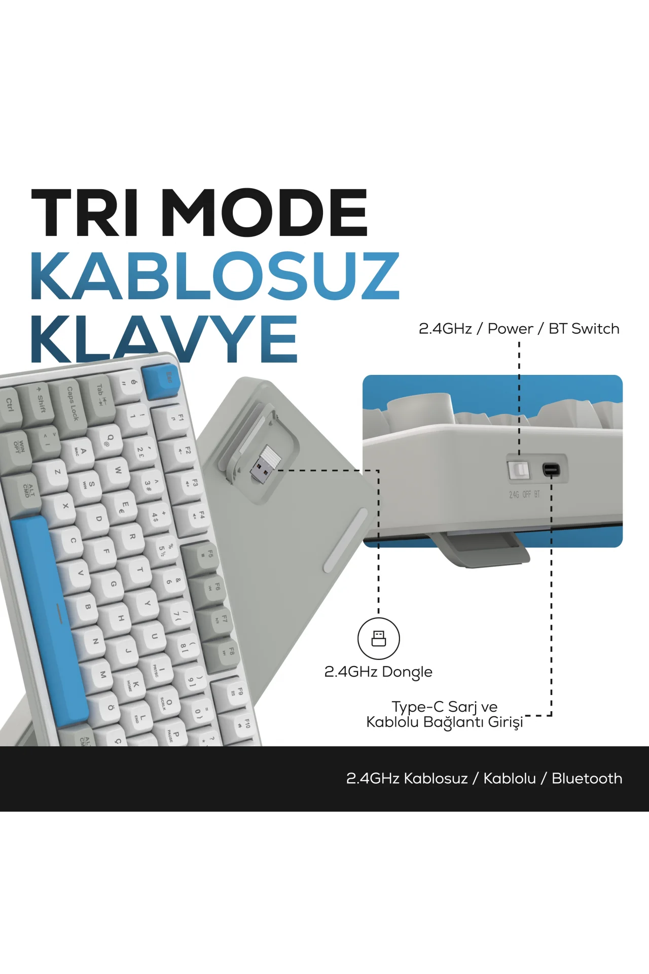 HK258 Membrane LCD RGB Kablosuz/Bluetooth Beyaz Mavi Full Türkçe Gaming Oyuncu Klavye