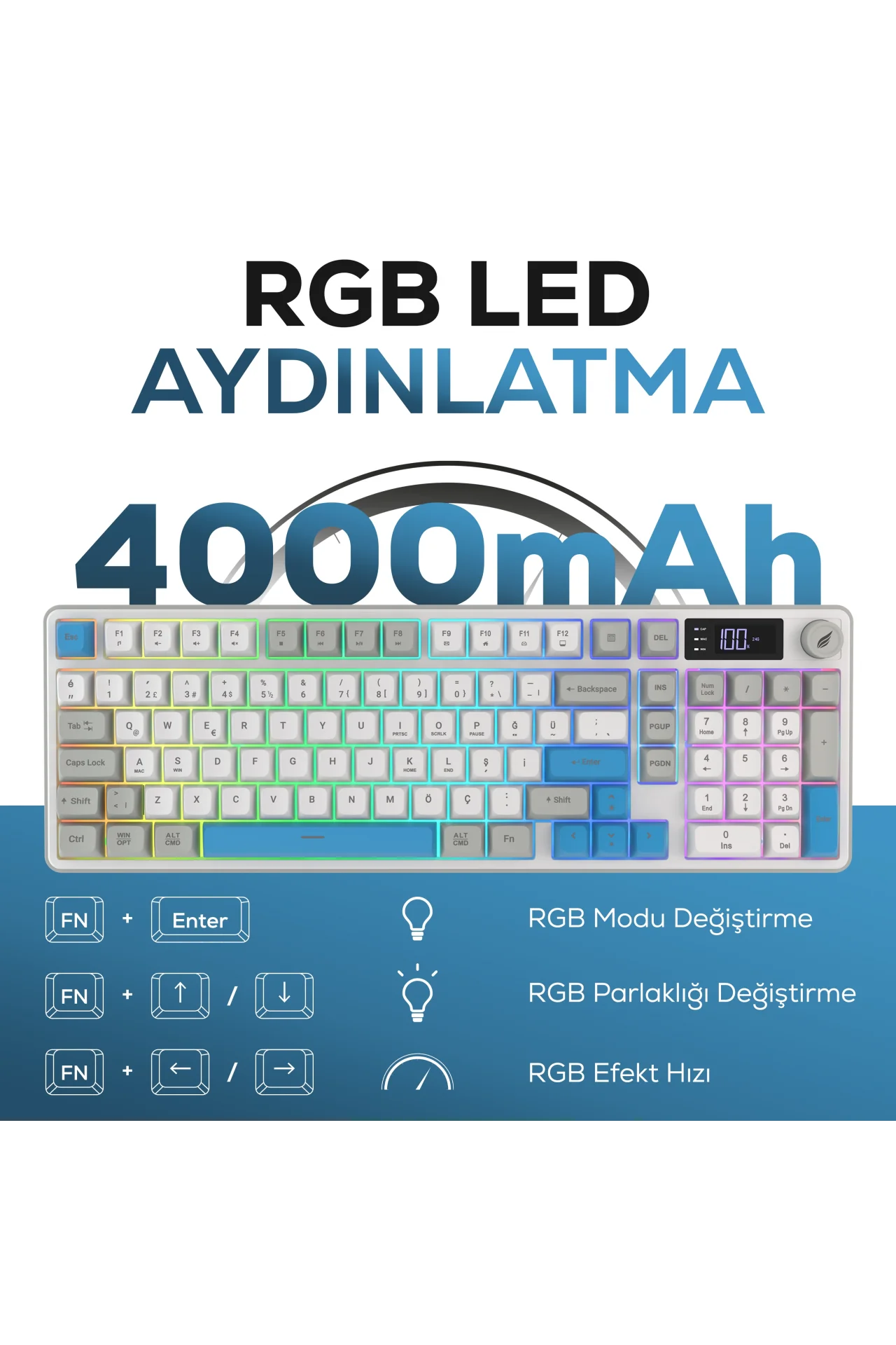 HK258 Membrane LCD RGB Kablosuz/Bluetooth Beyaz Mavi Full Türkçe Gaming Oyuncu Klavye