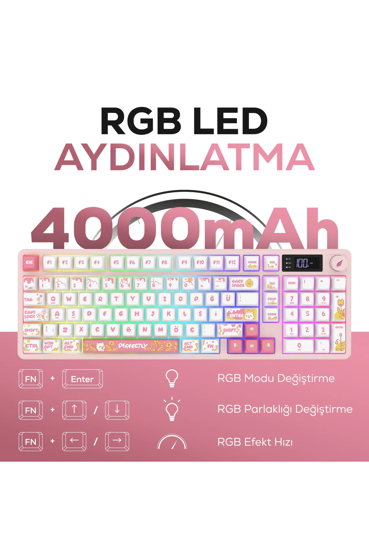 HK258 Membrane LCD RGB Kablosuz/Bluetooth Beyaz Pembe Full Türkçe Gaming Oyuncu Klavye