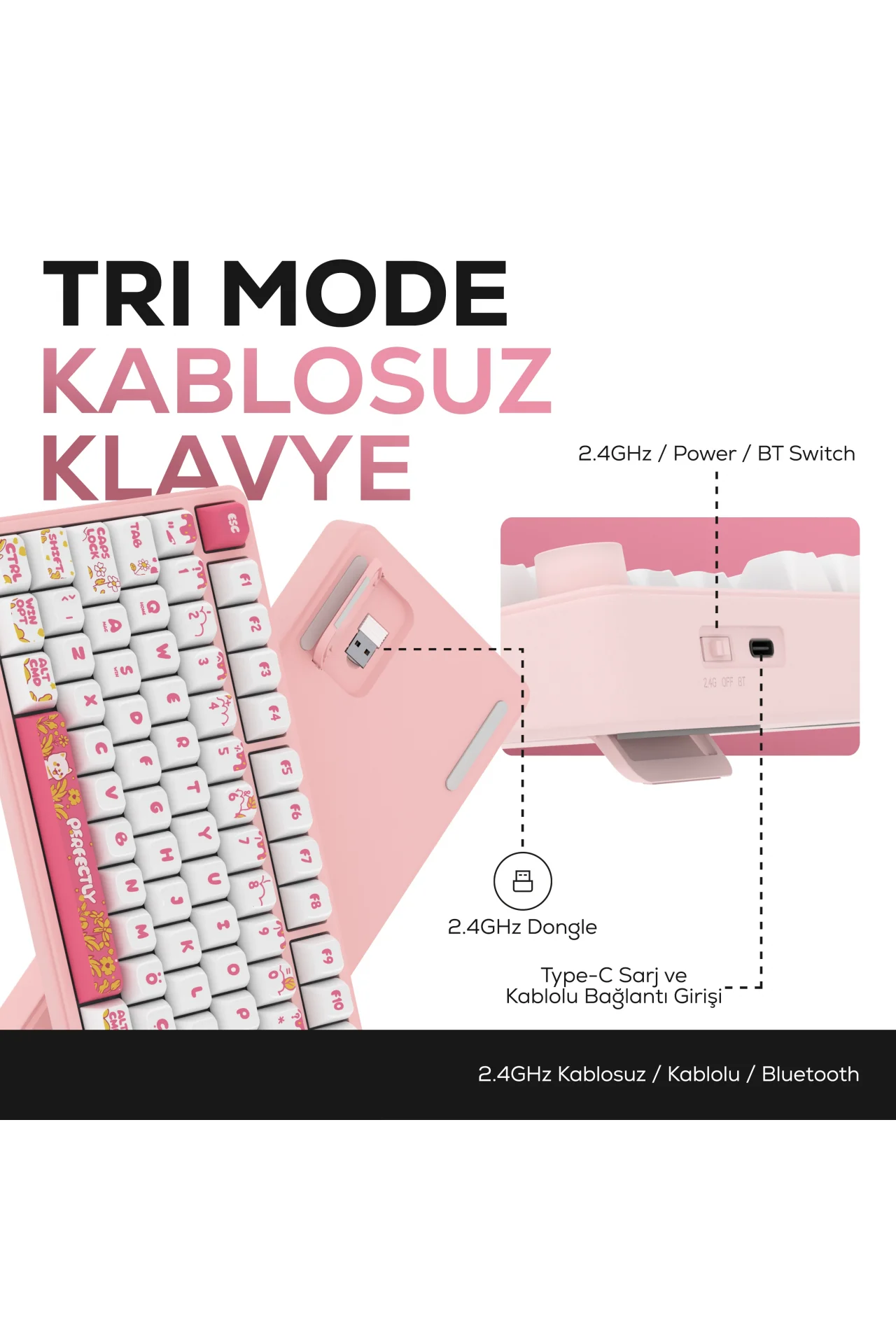 HK258 Membrane LCD RGB Kablosuz/Bluetooth Beyaz Pembe Full Türkçe Gaming Oyuncu Klavye