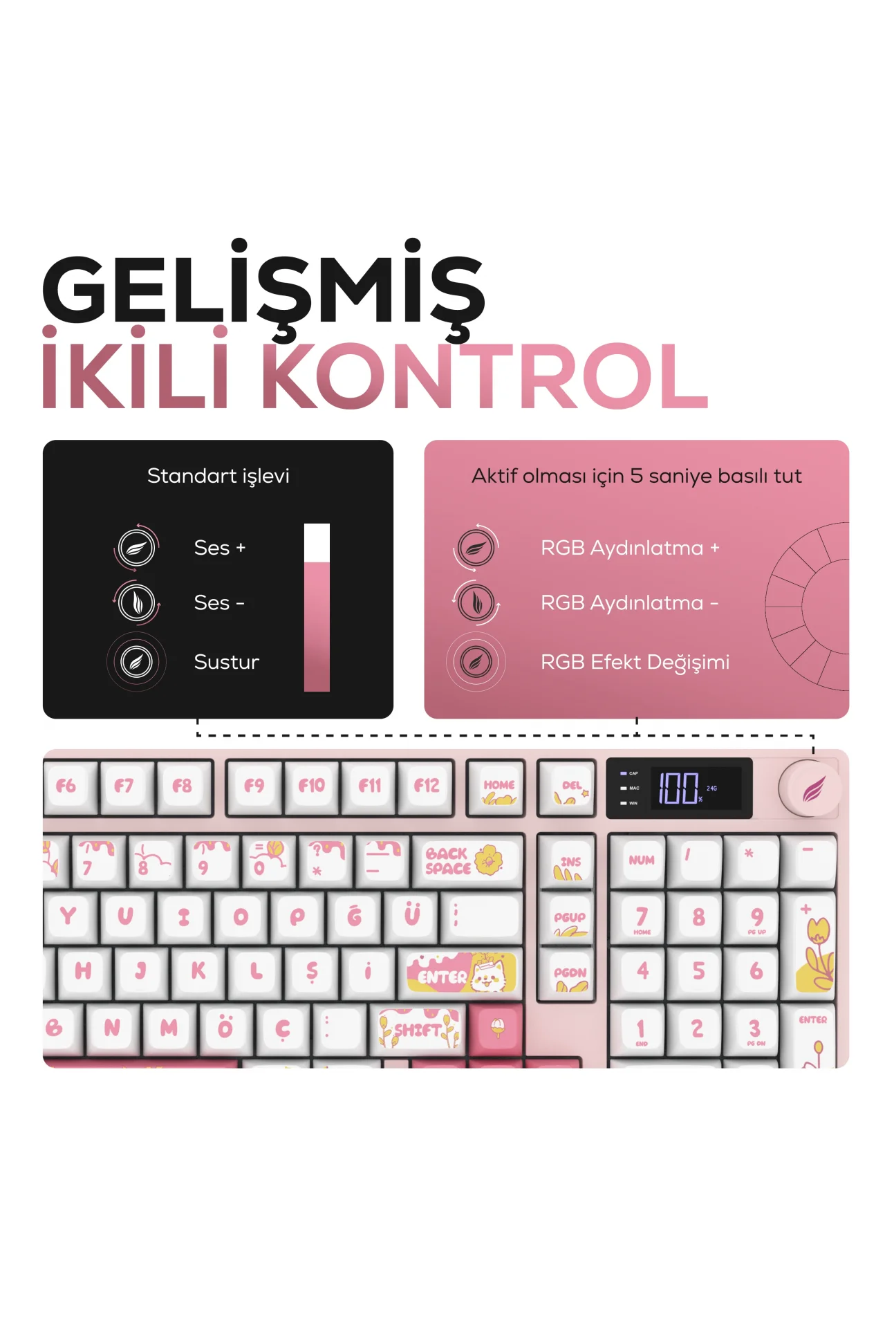 HK258 Membrane LCD RGB Kablosuz/Bluetooth Beyaz Pembe Full Türkçe Gaming Oyuncu Klavye