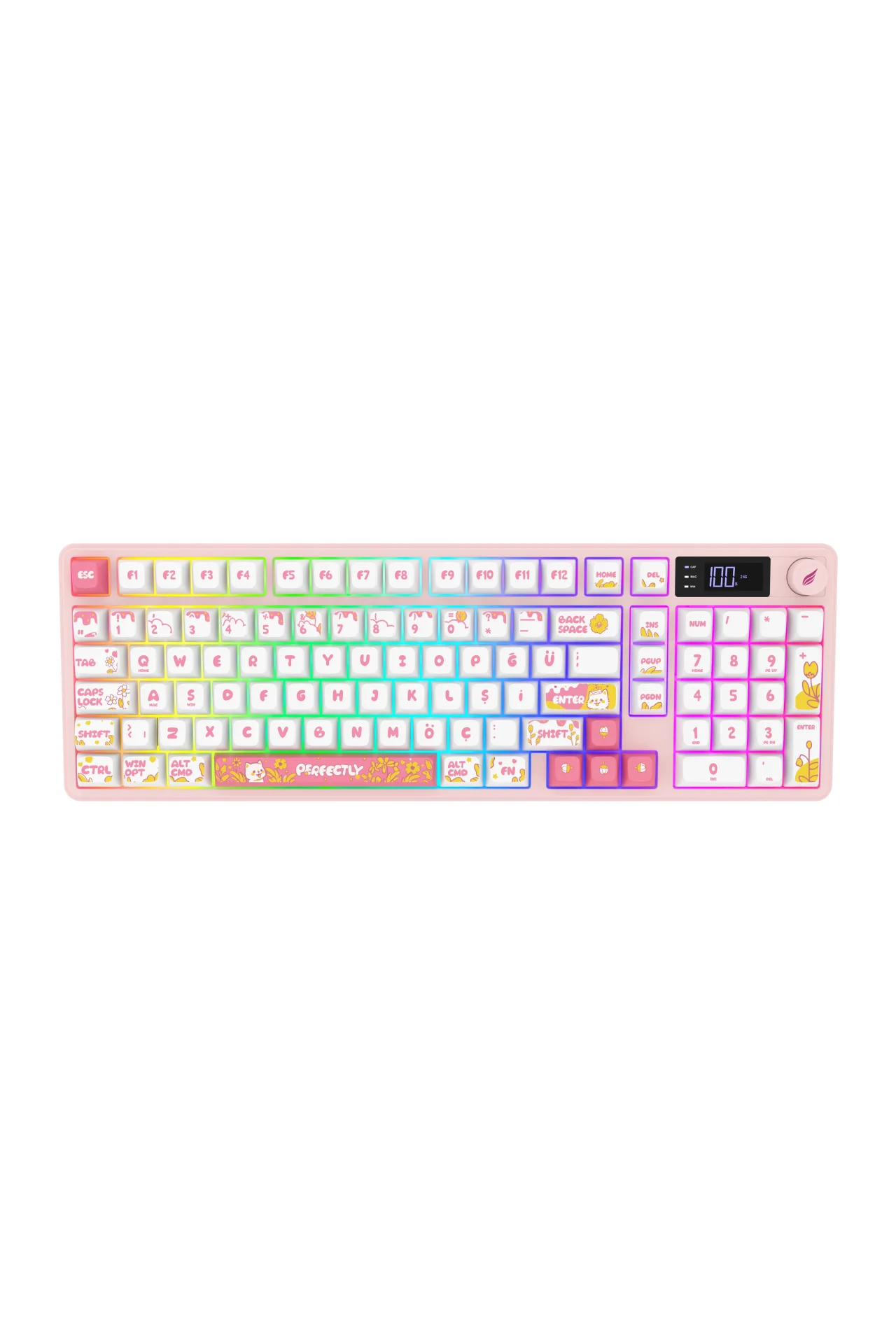 HK258 Membrane LCD RGB Kablosuz/Bluetooth Beyaz Pembe Full Türkçe Gaming Oyuncu Klavye