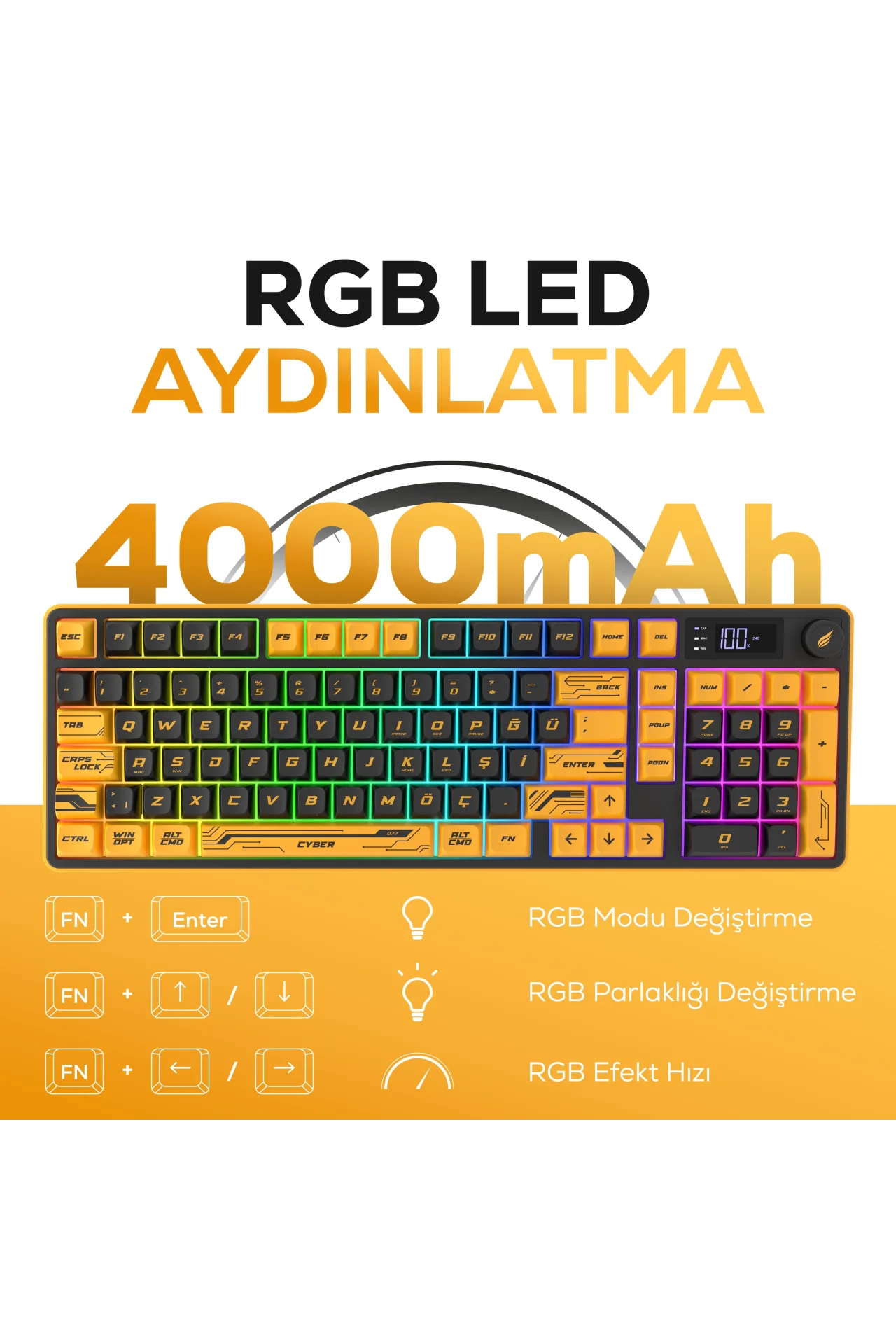 HK258 Membrane LCD RGB Kablosuz/Bluetooth Cyber Sarı Siyah Full Türkçe Gaming Oyuncu Klavye