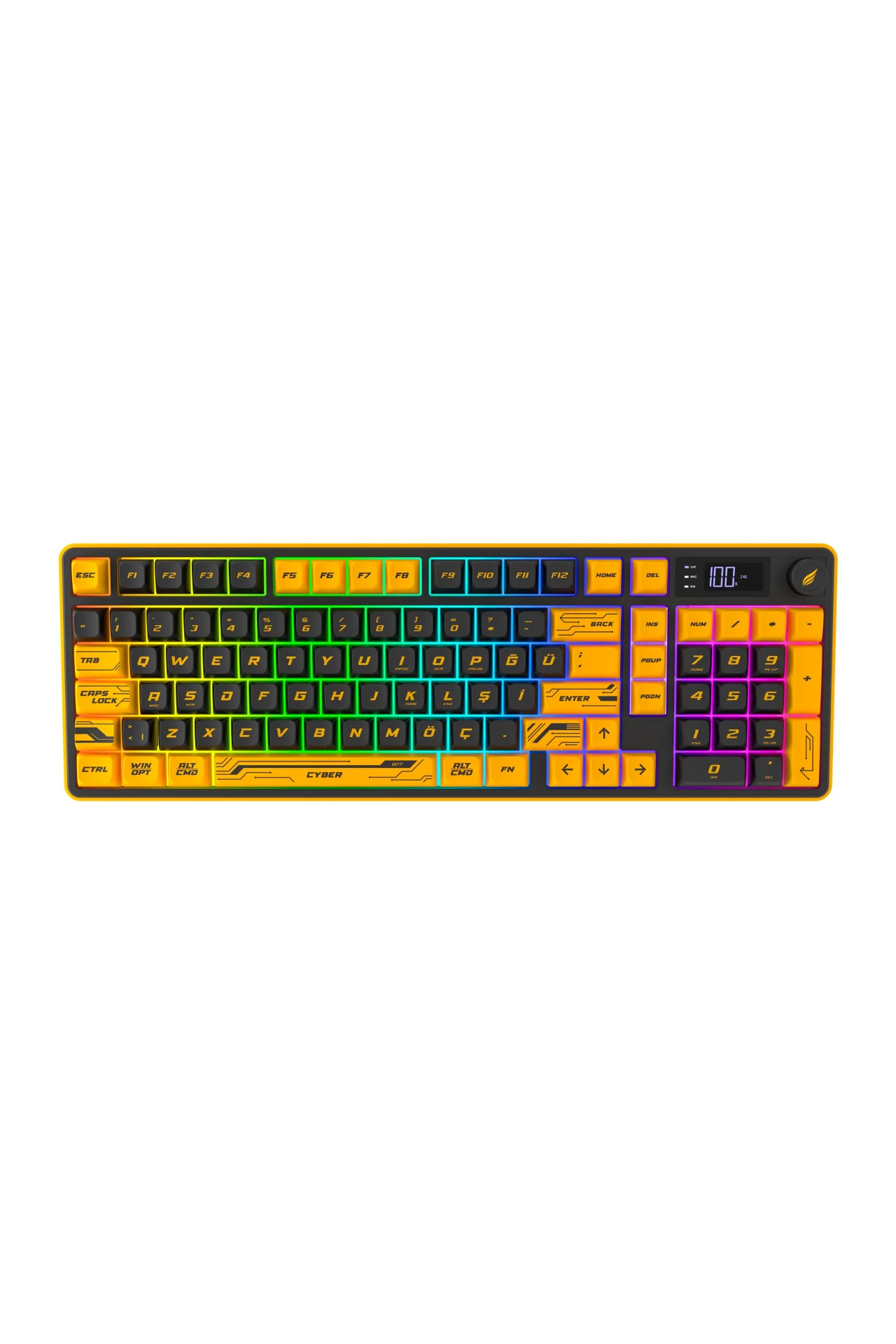 HK258 Membrane LCD RGB Kablosuz/Bluetooth Cyber Sarı Siyah Full Türkçe Gaming Oyuncu Klavye