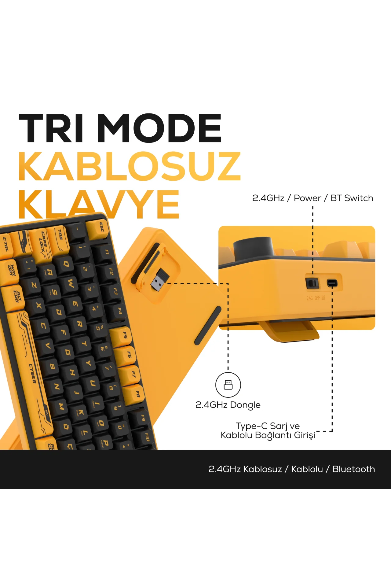 HK258 Membrane LCD RGB Kablosuz/Bluetooth Cyber Sarı Siyah Full Türkçe Gaming Oyuncu Klavye