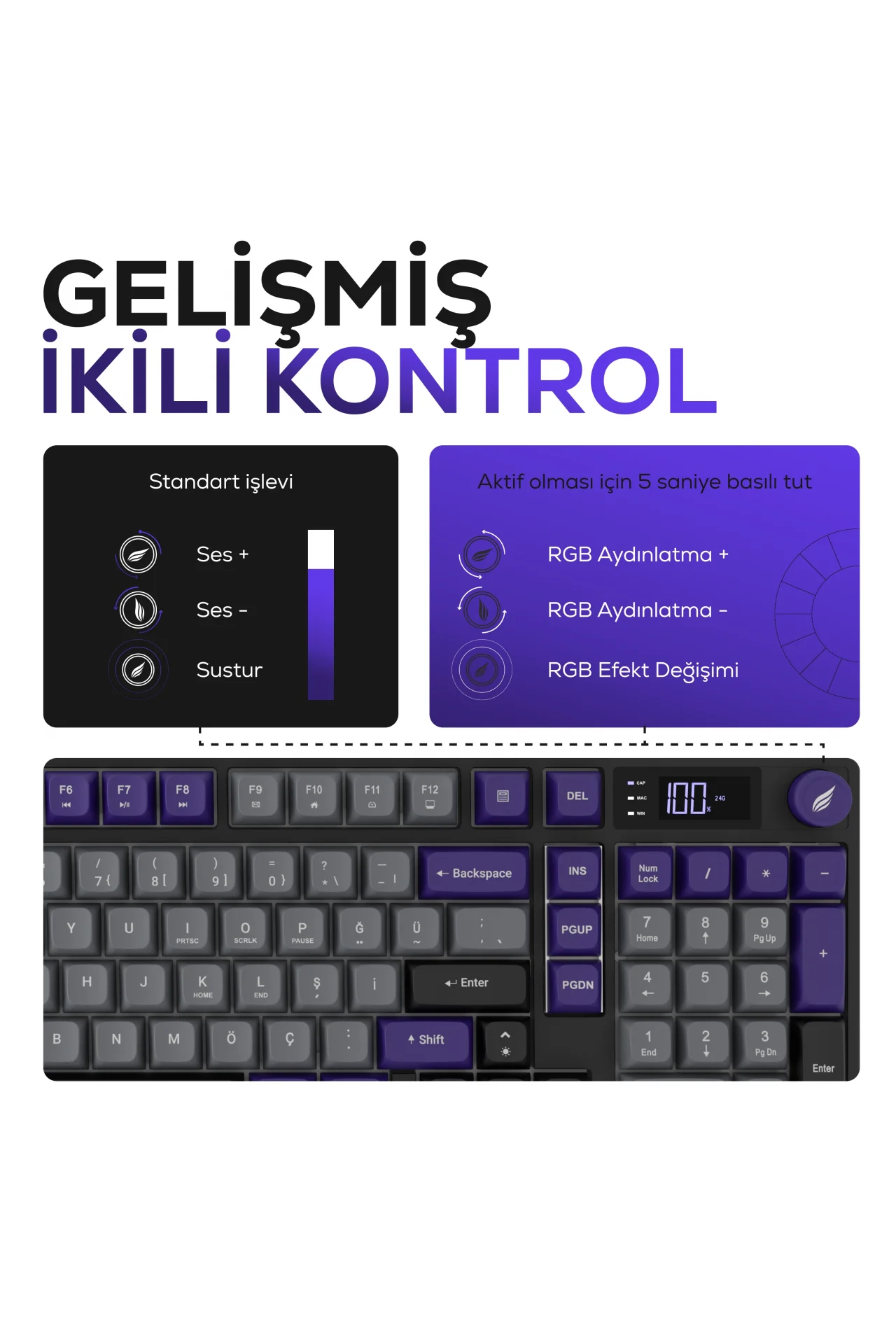 HK258 Membrane LCD RGB Kablosuz/Bluetooth Gri Mor Full Türkçe Gaming Oyuncu Klavye