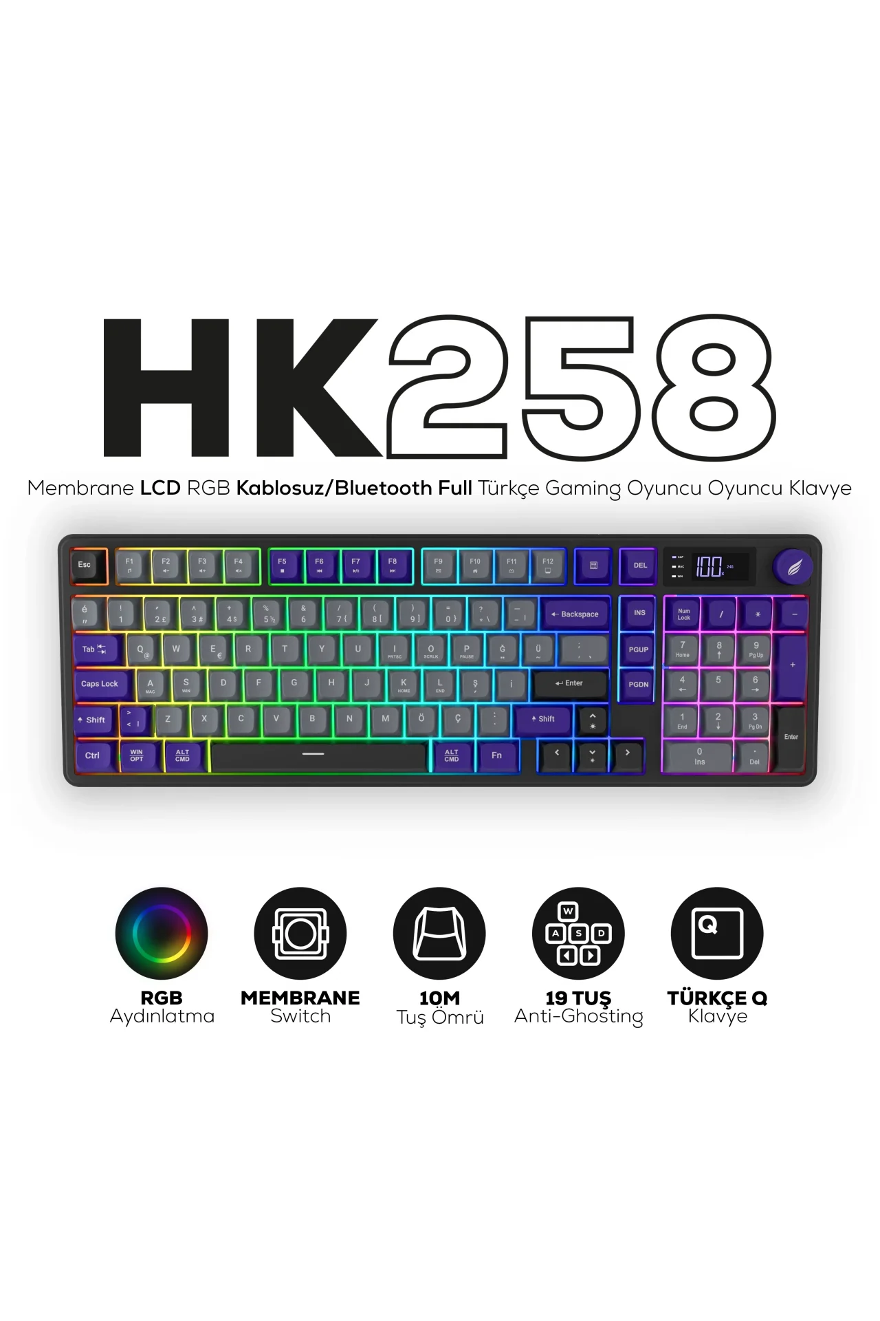 HK258 Membrane LCD RGB Kablosuz/Bluetooth Gri Mor Full Türkçe Gaming Oyuncu Klavye