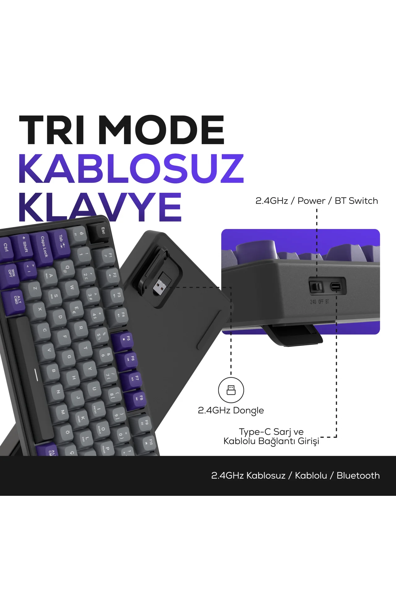 HK258 Membrane LCD RGB Kablosuz/Bluetooth Gri Mor Full Türkçe Gaming Oyuncu Klavye