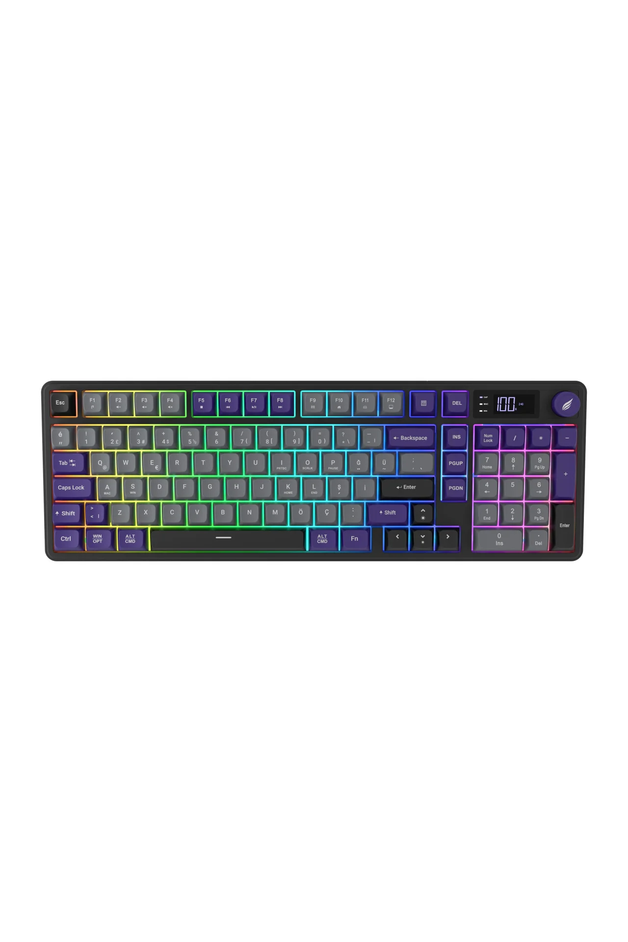 HK258 Membrane LCD RGB Kablosuz/Bluetooth Gri Mor Full Türkçe Gaming Oyuncu Klavye