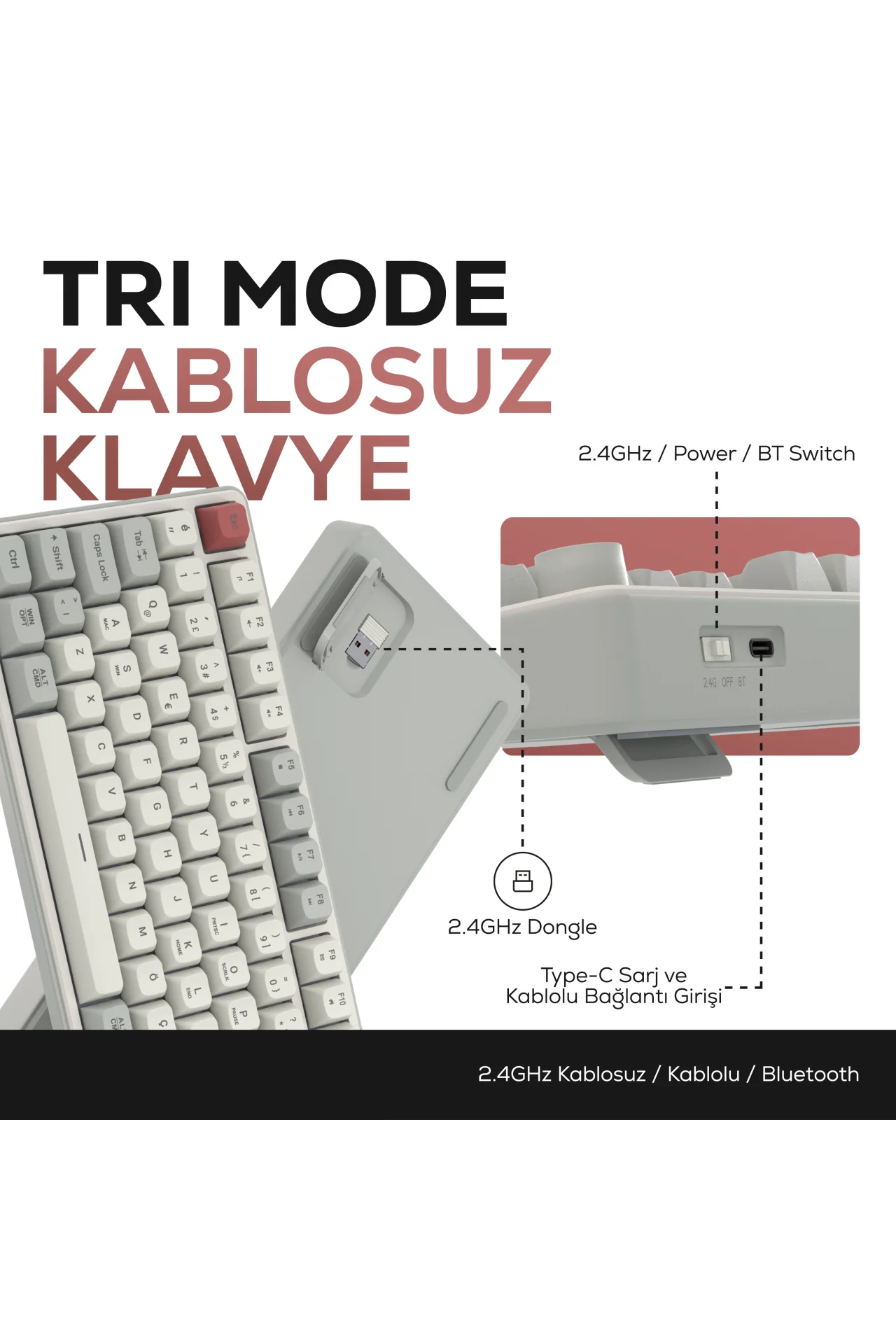 HK258 Membrane LCD RGB Kablosuz/Bluetooth Kırmızı Haki Full Türkçe Gaming Oyuncu Klavye