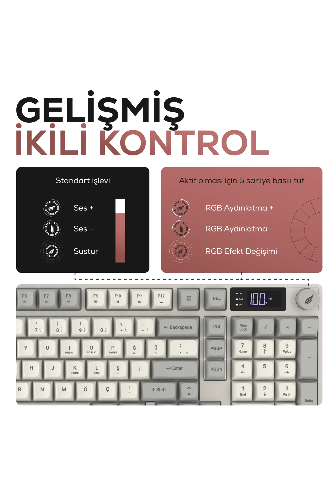 HK258 Membrane LCD RGB Kablosuz/Bluetooth Kırmızı Haki Full Türkçe Gaming Oyuncu Klavye