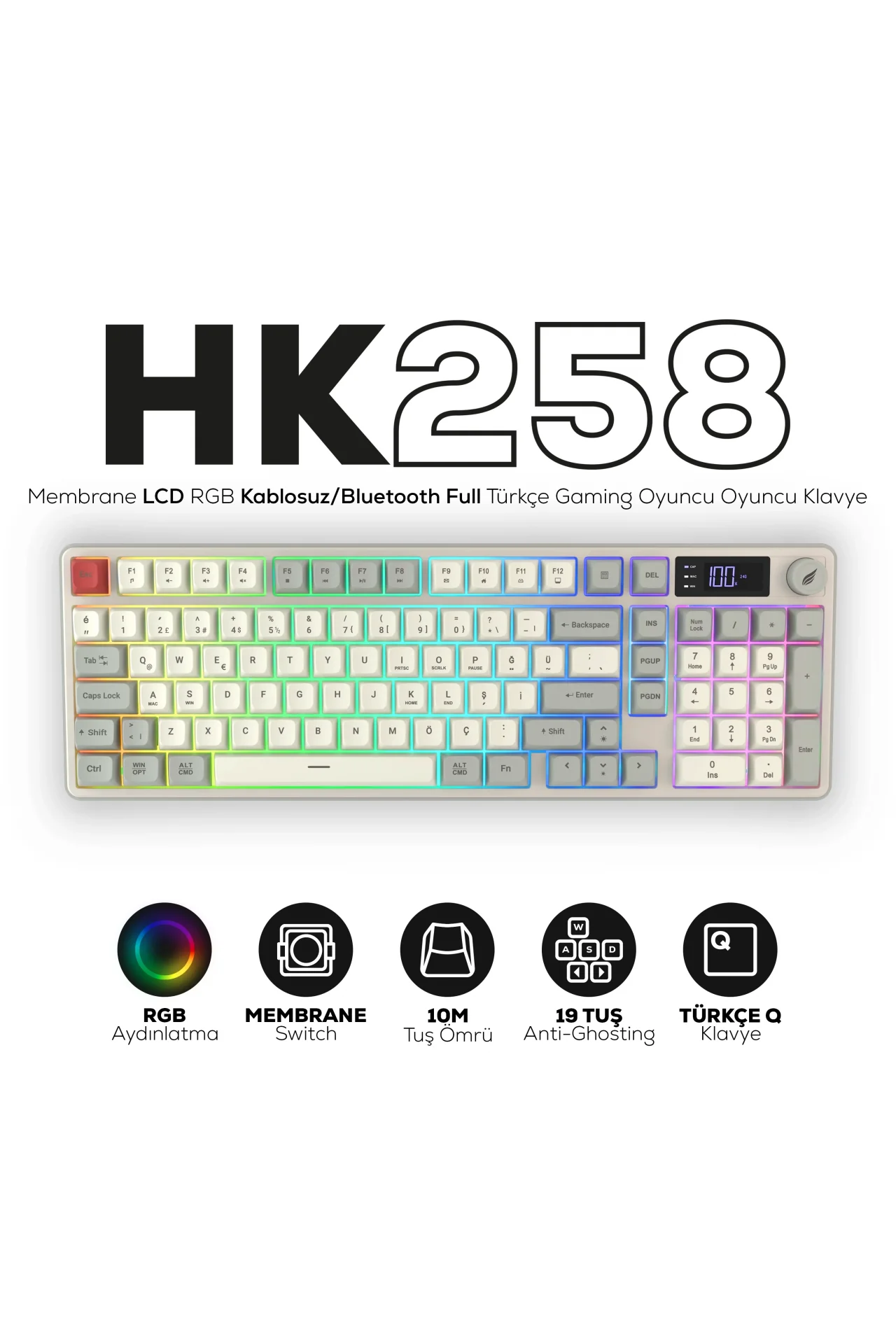 HK258 Membrane LCD RGB Kablosuz/Bluetooth Kırmızı Haki Full Türkçe Gaming Oyuncu Klavye