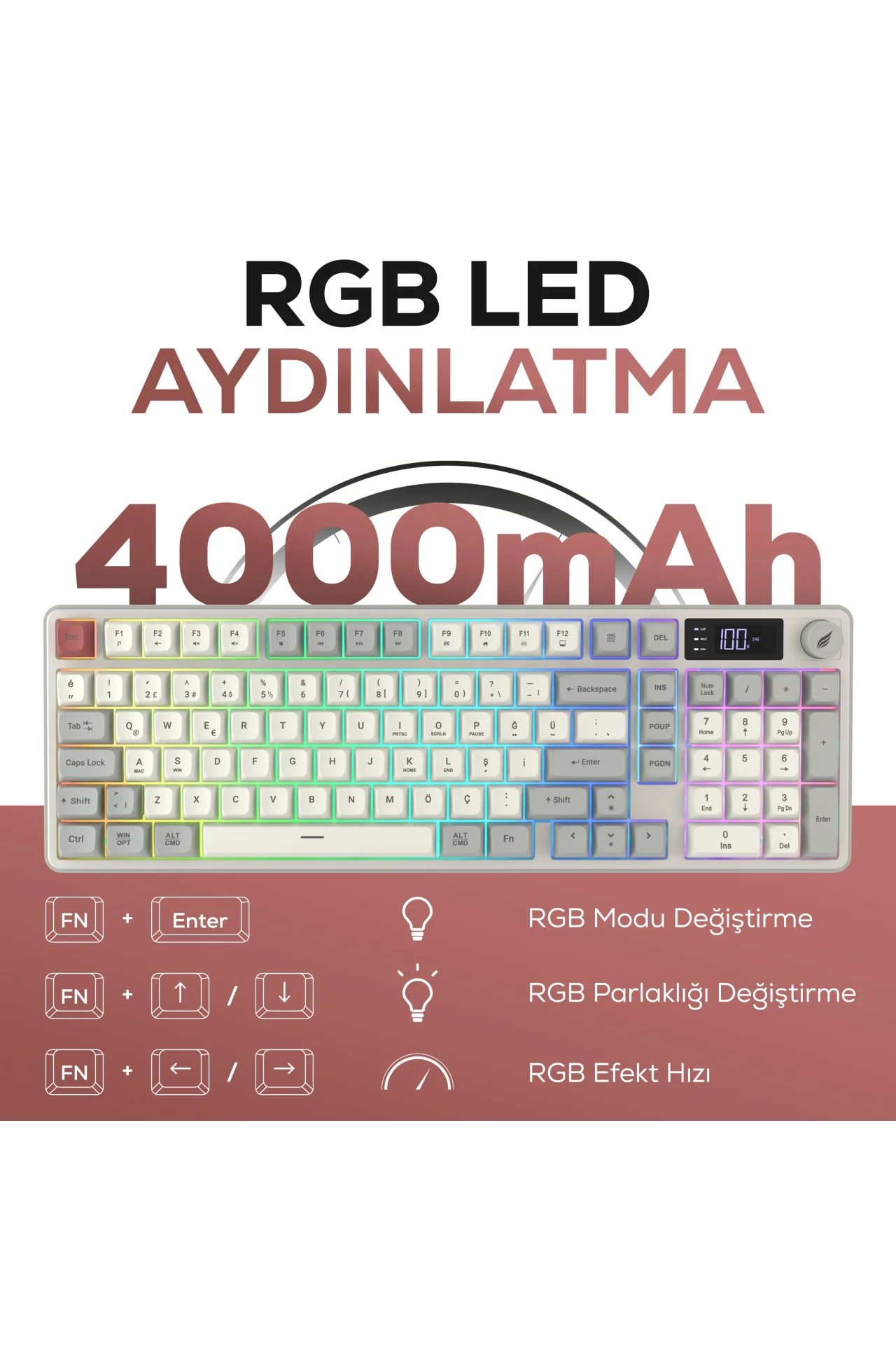 HK258 Membrane LCD RGB Kablosuz/Bluetooth Kırmızı Haki Full Türkçe Gaming Oyuncu Klavye