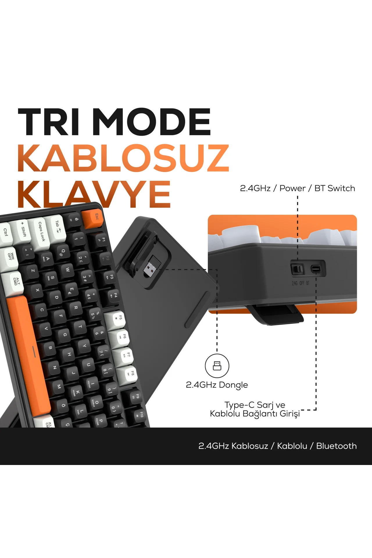 HK258 Membrane LCD RGB Kablosuz/Bluetooth Siyah Turuncu Full Türkçe Gaming Oyuncu Oyuncu Klavye