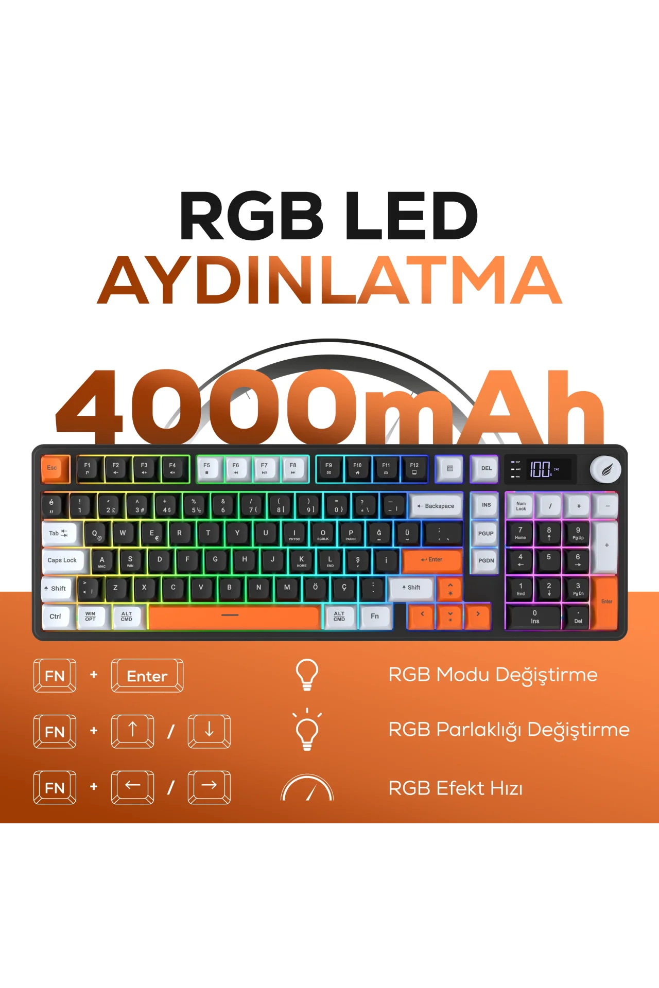 HK258 Membrane LCD RGB Kablosuz/Bluetooth Siyah Turuncu Full Türkçe Gaming Oyuncu Oyuncu Klavye