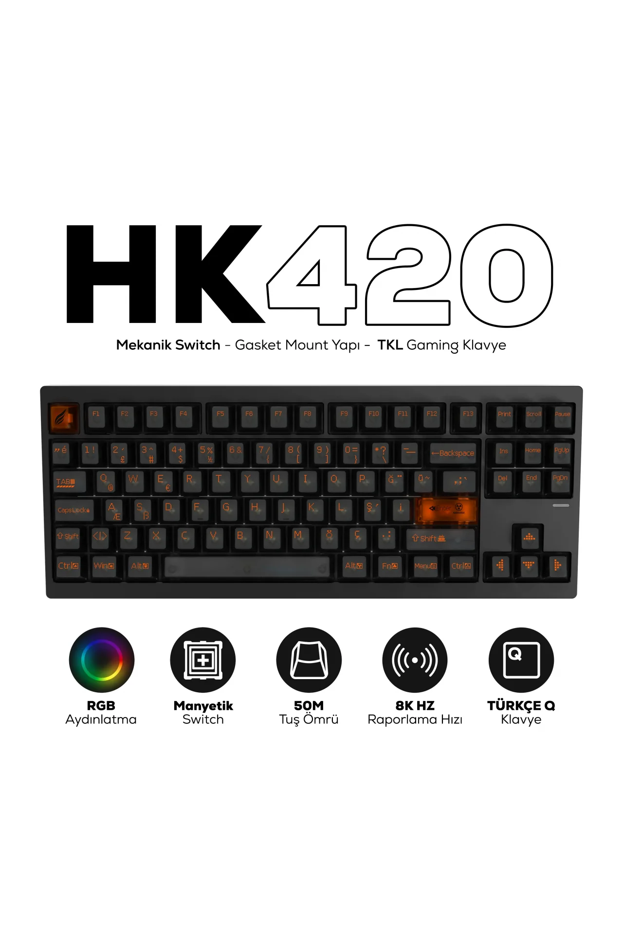 HK420 Mekanik Switch RGB Tri-Mode Kablosuz/Bluetooth TKL Gaming Klavye