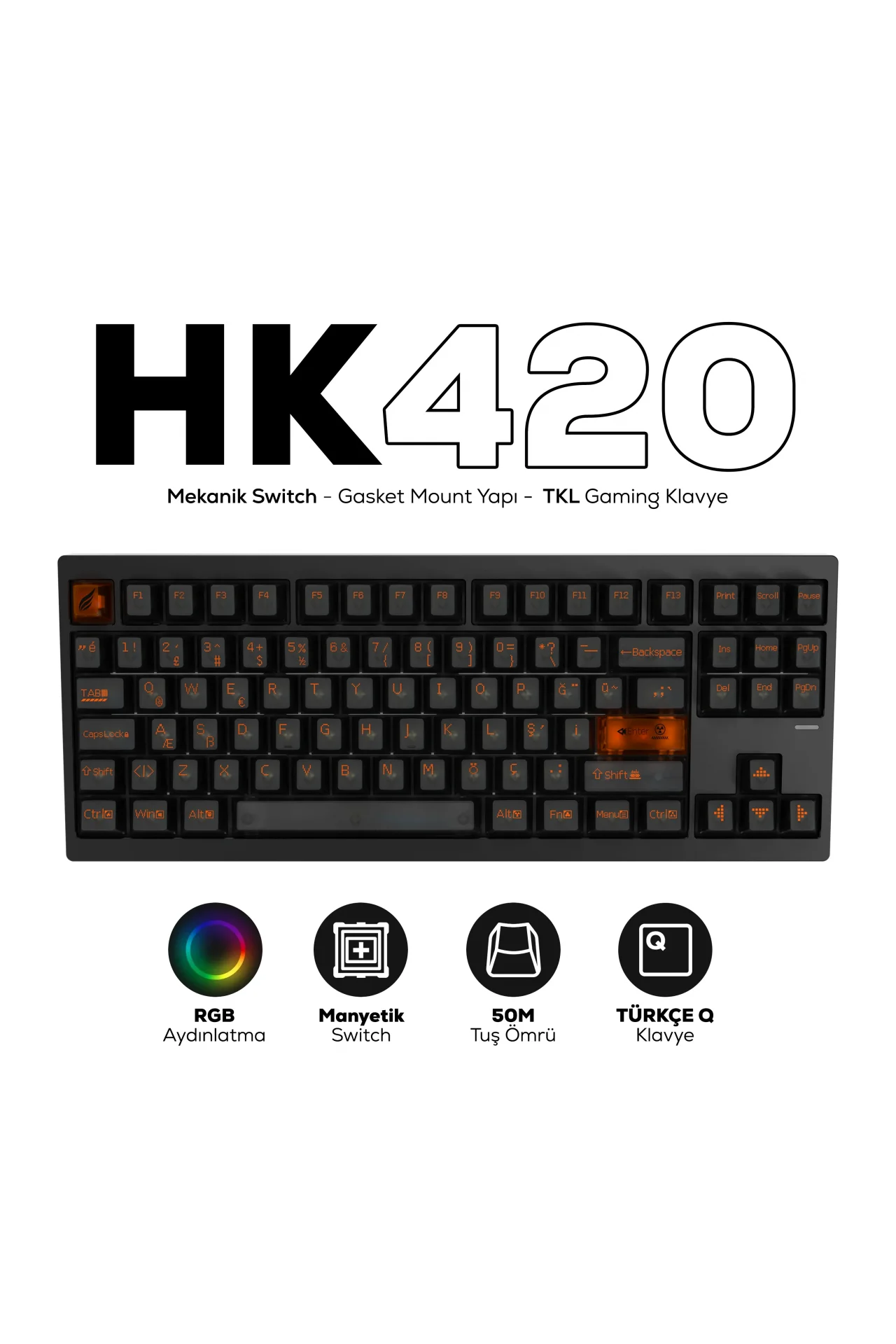 HK420 Mekanik Switch RGB Tri-Mode Kablosuz/Bluetooth TKL Gaming Klavye