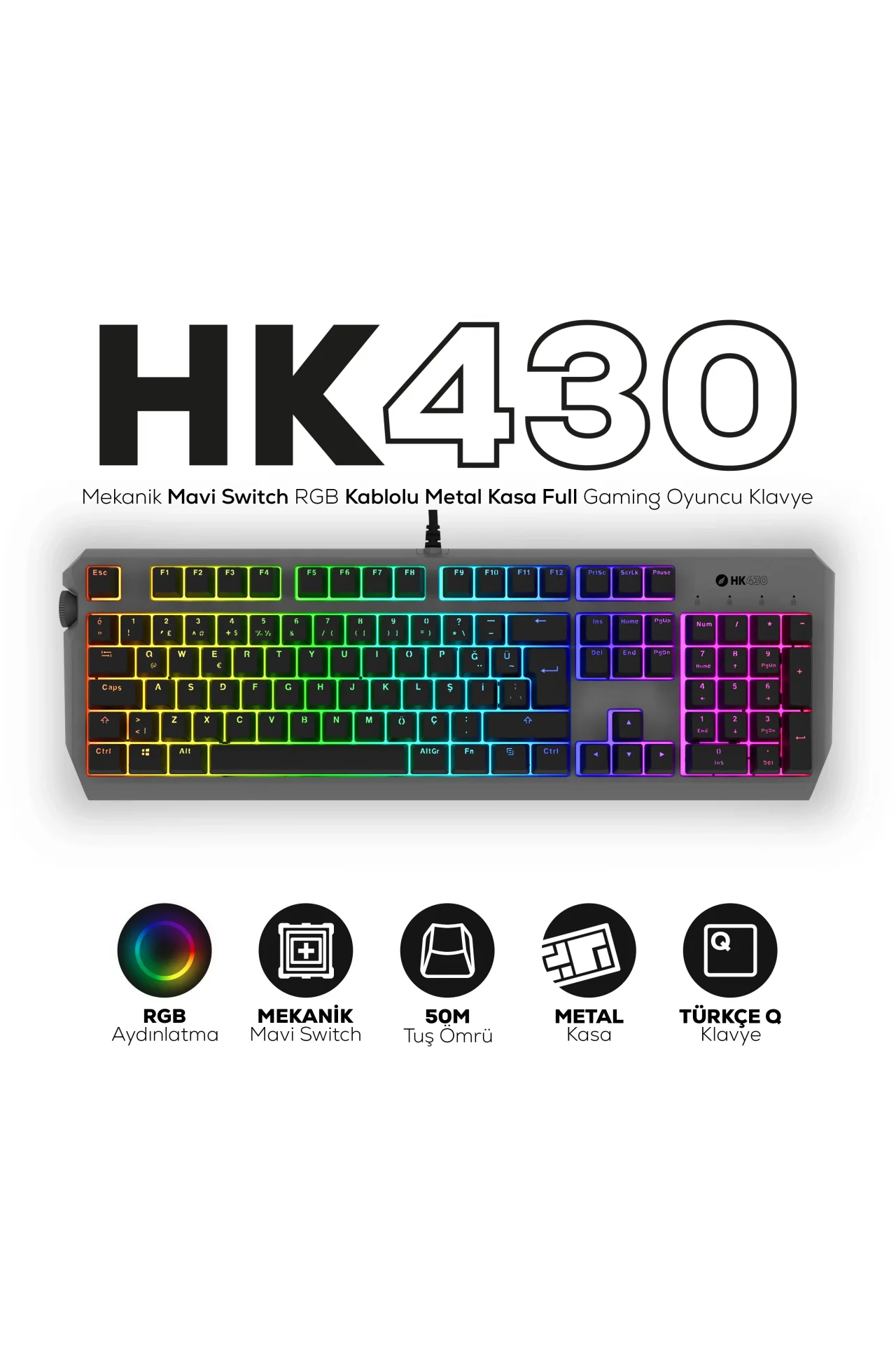 HK430 Mekanik Mavi Switch RGB Kablolu Metal Kasa Full Gaming Oyuncu Klavye