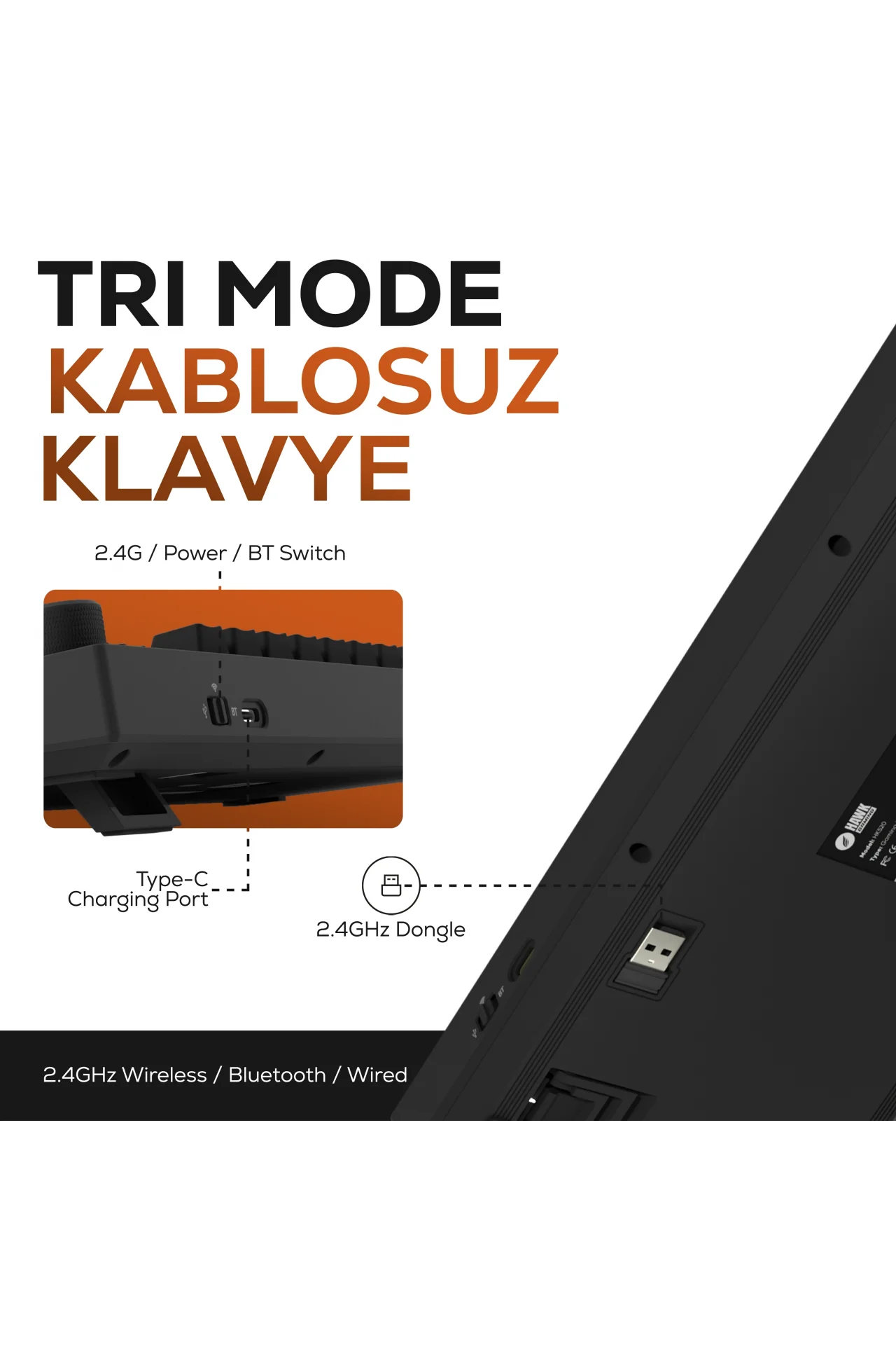 HK520 Mekanik Prelubed Switch Hot Swap RGB Tri-Mode Kablosuz/Bluetooth %75 Full Türkçe Gaming Klavye