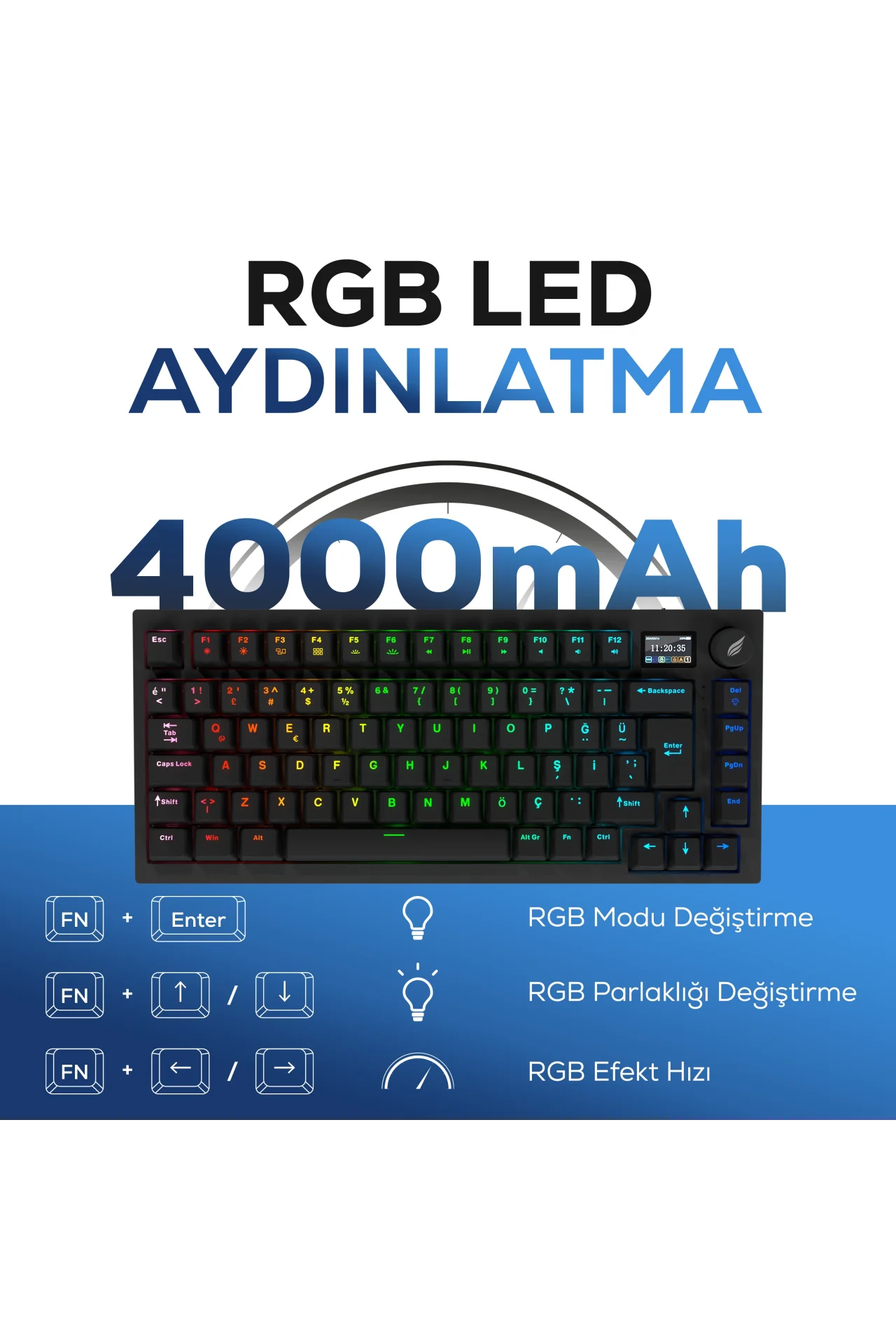 HK520 Mekanik Prelubed Switch RGB Tri-Mode Kablosuz/Bluetooth %75 Full Türkçe Gaming Klavye