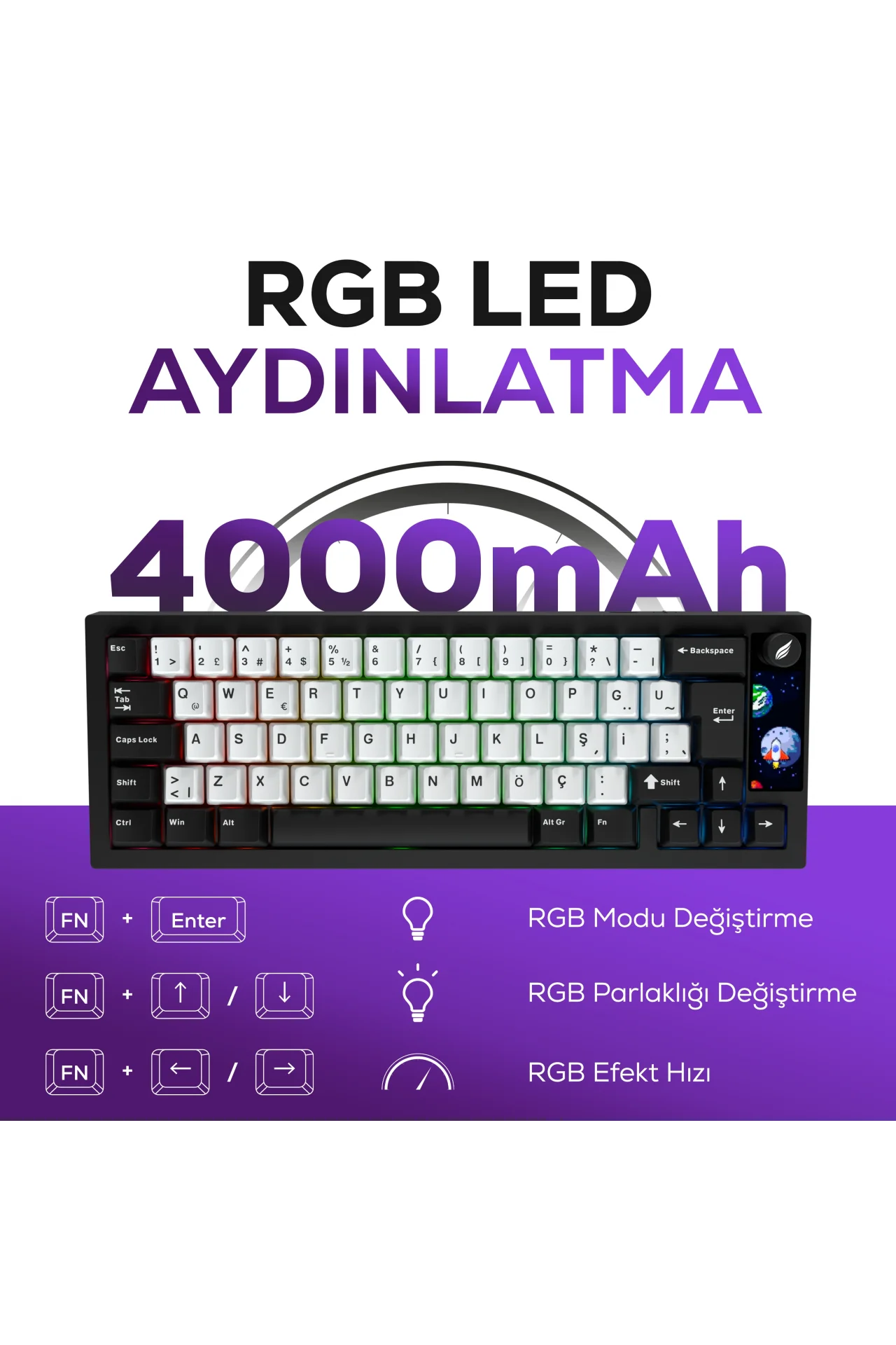 HK540 Mekanik Prelubed Switch RGB Tri-Mode Kablosuz/Bluetooth %65 Full Türkçe Gaming Klavye