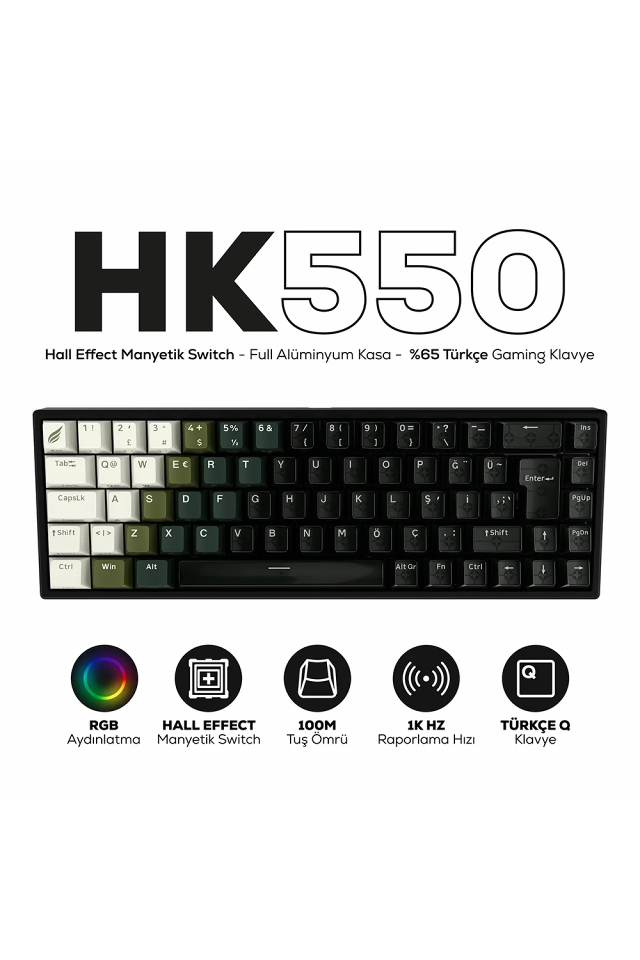 HK550 Hall Effect Manyetik Switch Rapid Trigger RGB 1k Hz 1 Ms Kablolu %65 Gaming Klavye