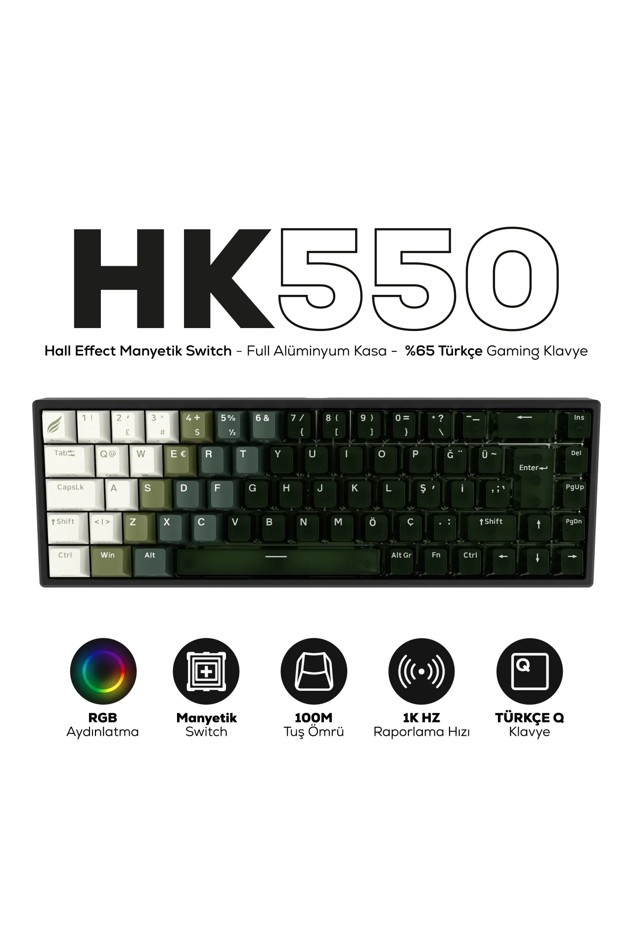 HK550 Hall Effect Manyetik Switch Rapid Trigger RGB 1k Hz 1 Ms Kablolu %65 Gaming Klavye