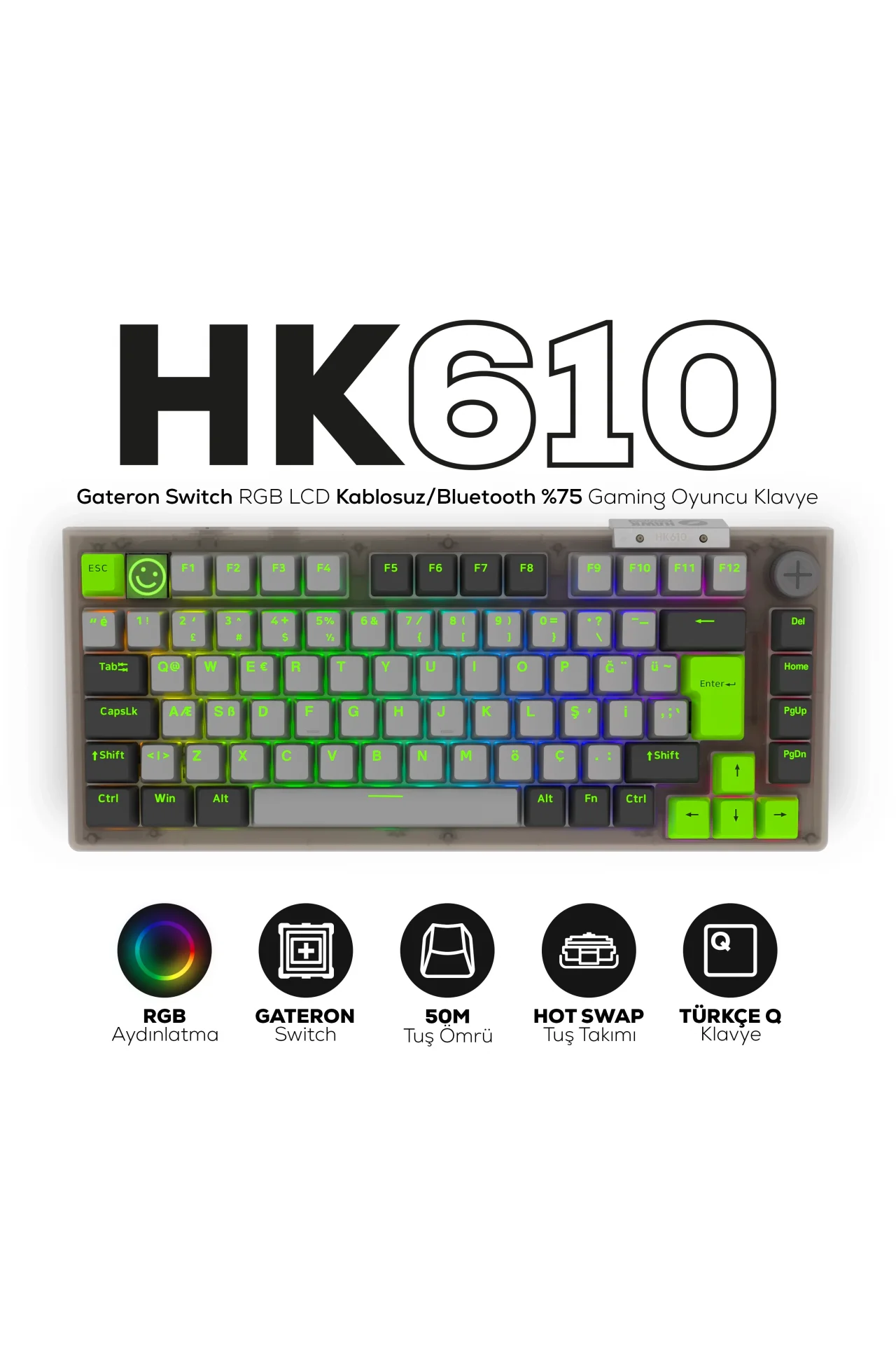 HK610 Gateron Switch RGB LCD Tri-Mode Kablosuz/Bluetooth %75 Gaming Oyuncu Klavye