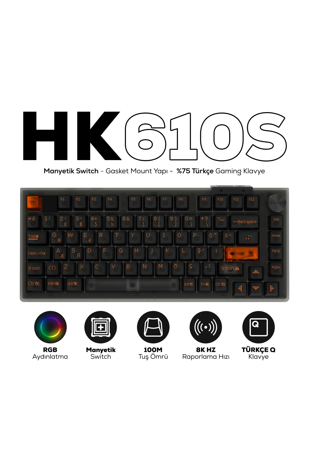 HK610S Manyetik Switch RGB 8K Hz Hot Swap Tri-Mode Kablosuz/Bluetooth %75 Gaming Klavye