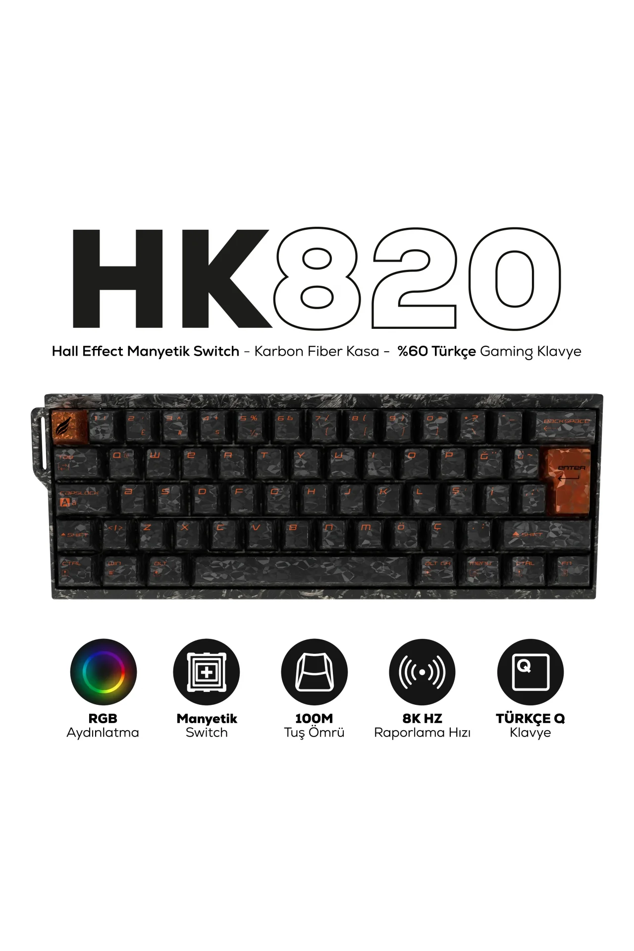 HK820 Hall Effect Manyetik Switch Rapid Trigger RGB 8k Hz 0.1 Ms Kablolu %60 Gaming Klavye