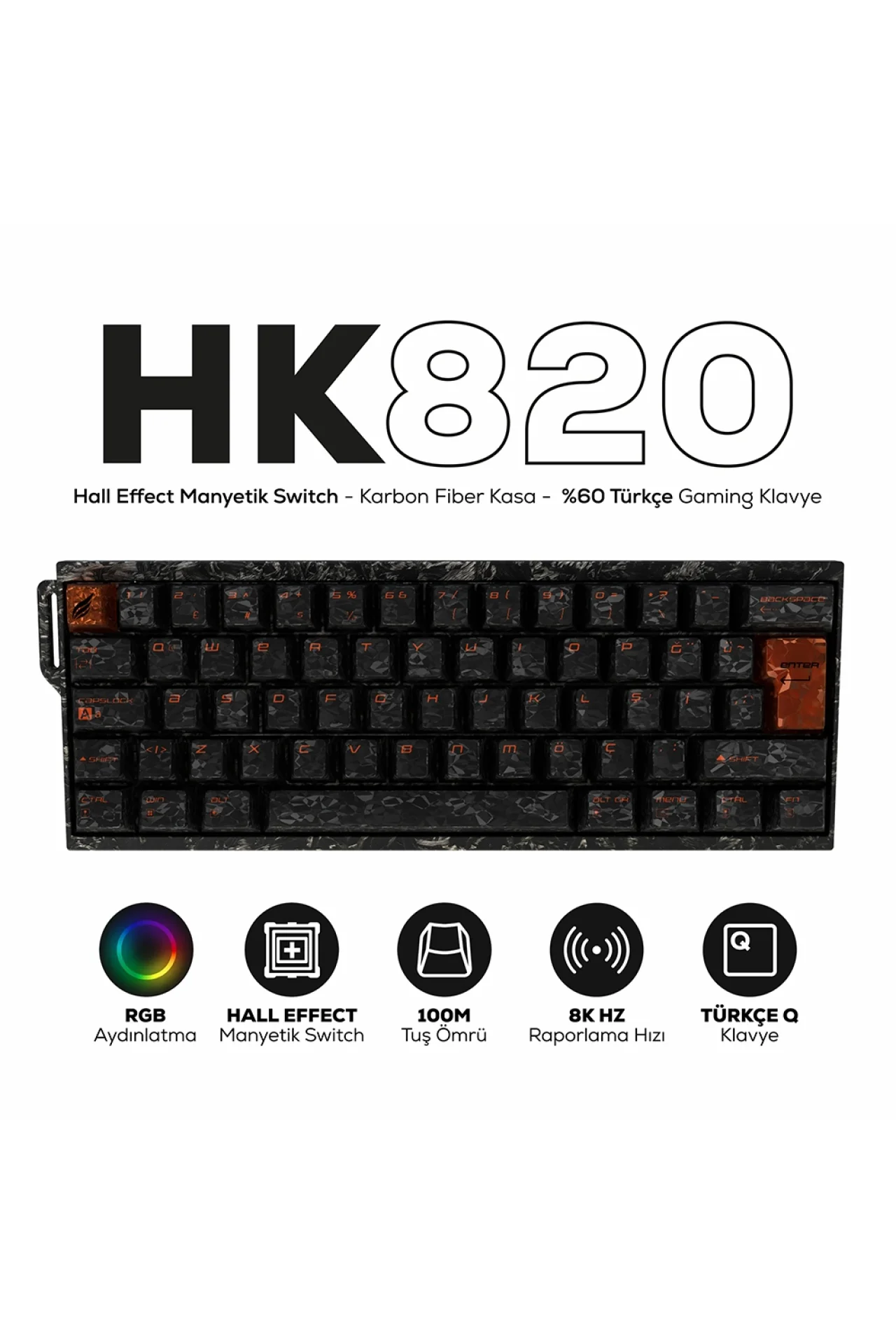 HK820 Hall Effect Manyetik Switch Rapid Trigger RGB 8k Hz 0.1 Ms Kablolu %60 Gaming Klavye