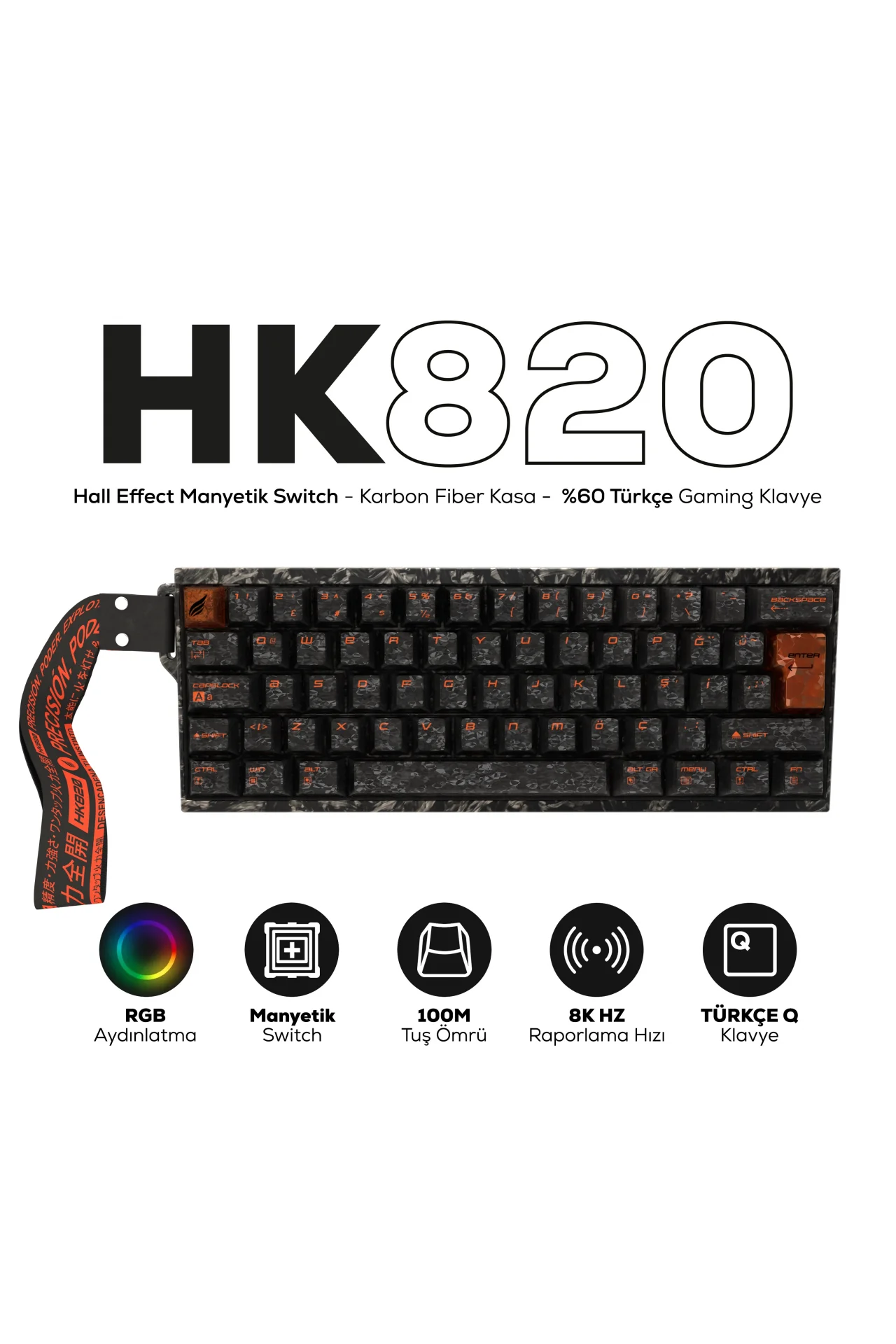 HK820 Hall Effect Manyetik Switch Rapid Trigger RGB 8k Hz 0.1 Ms Kablolu %60 Gaming Klavye