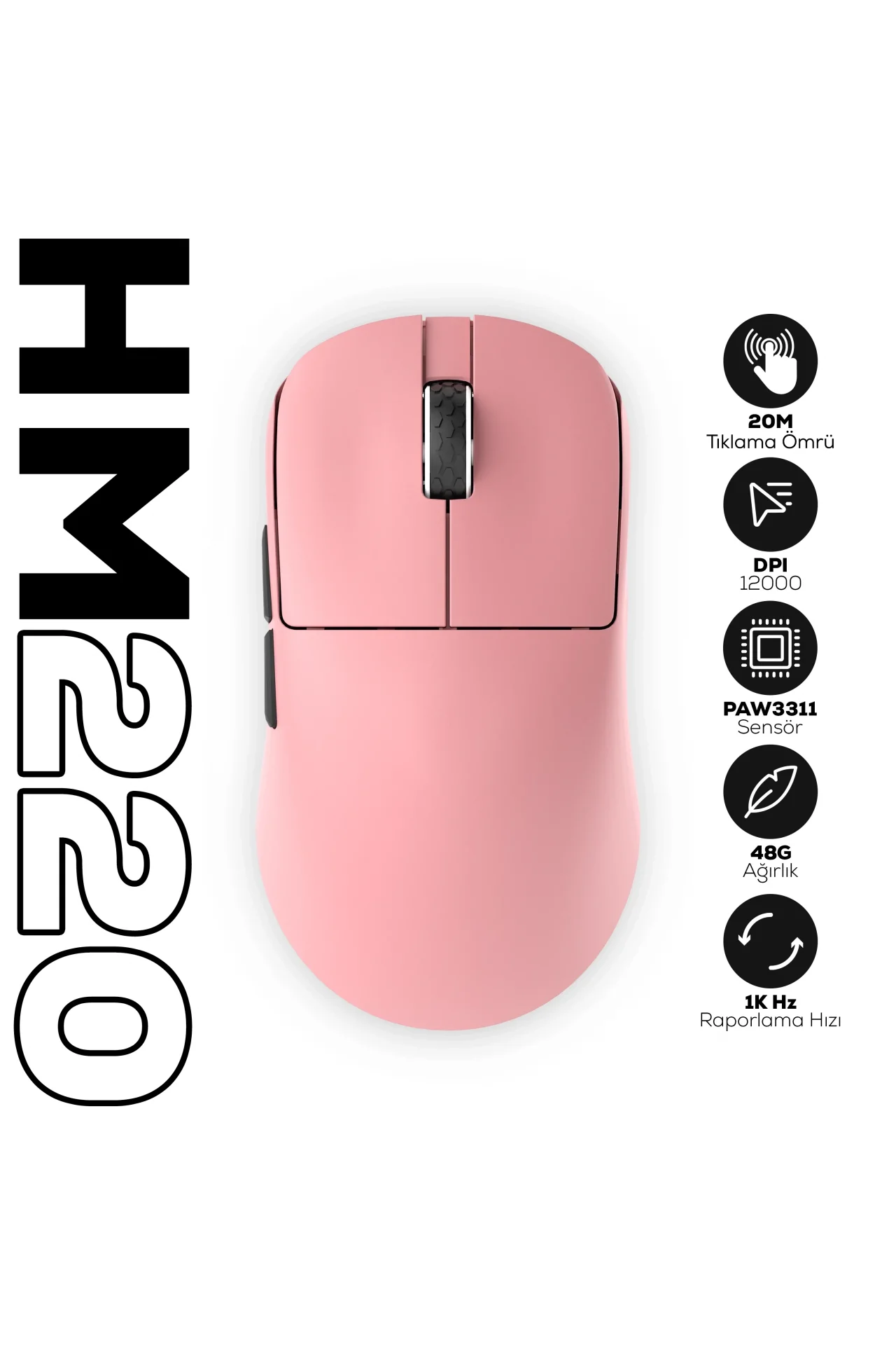 HM220 1K Hz 12000 DPI PixArt 3311 Tri-Mode Kablosuz/Bluetooth Pembe Gaming Oyuncu Mouse