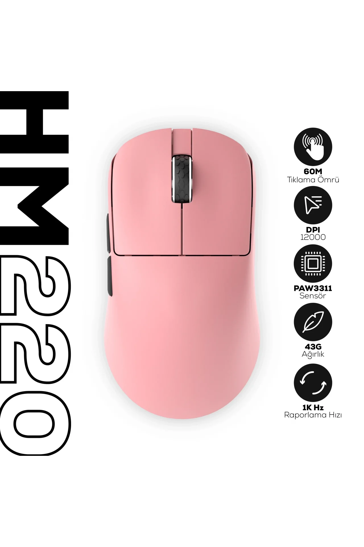 HM220 1K Hz 12000 DPI Tri-Mode Kablosuz/Bluetooth Pembe Gaming Oyuncu Mouse
