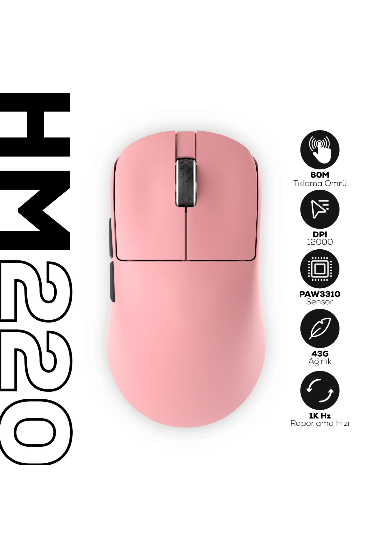 HM220 1K Hz 12000 DPI Tri-Mode Kablosuz/Bluetooth Pembe Gaming Oyuncu Mouse