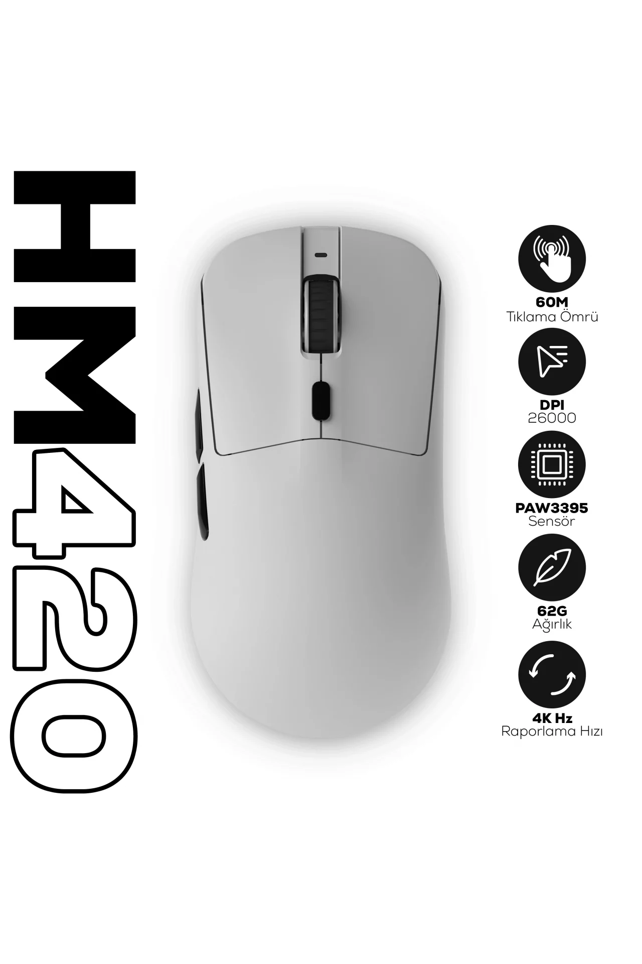 HM420 4K Hz 26000 DPI PixArt 3395 Tri-Mode Kablosuz/Bluetooth Şarj Standlı Beyaz Gaming Oyuncu Mouse