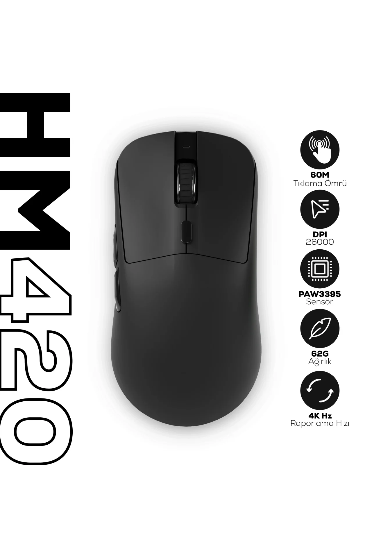 HM420 4K Hz 26000 DPI Tri-Mode Kablosuz/Bluetooth Şarj Standlı Siyah Gaming Oyuncu Mouse