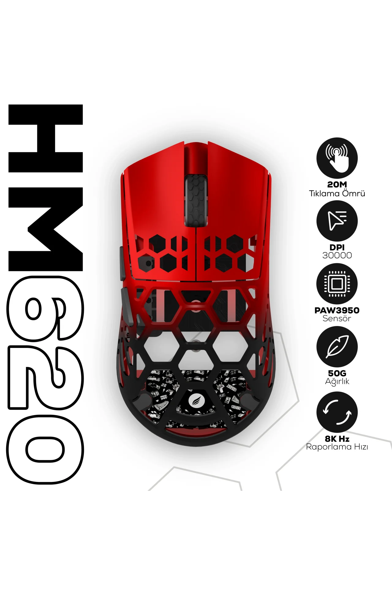 HM620 8K Hz 30000 DPI Magnezyum Kasa Tri-Mode Kablosuz/Bluetooth Siyah Kırmızı Gaming Oyuncu Mouse